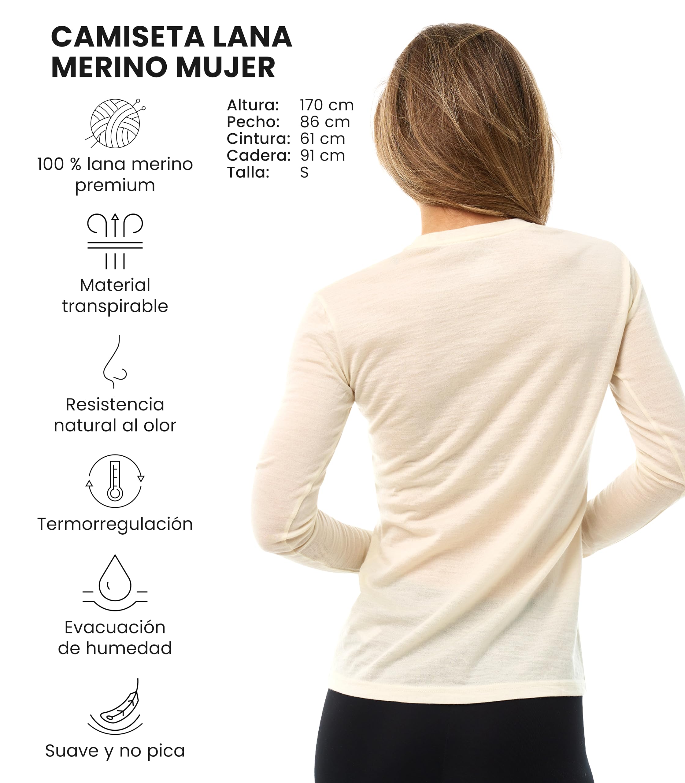 Merino.tech Camiseta Lana Merino - 100% Lana Merino Ropa Interior Termica Сamisetas Mujer Manga Larga para Actividades Outdoor