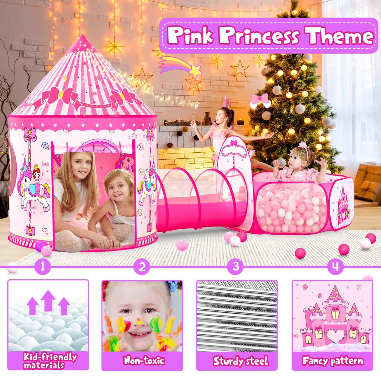 Tienda de campaña de princesa 3 en 1 para niños: casa de juegos desplegable para niños pequeños con túnel de gateo, piscina de pelotas y tienda de campaña de castillo, juguetes de tienda de campaña 4
