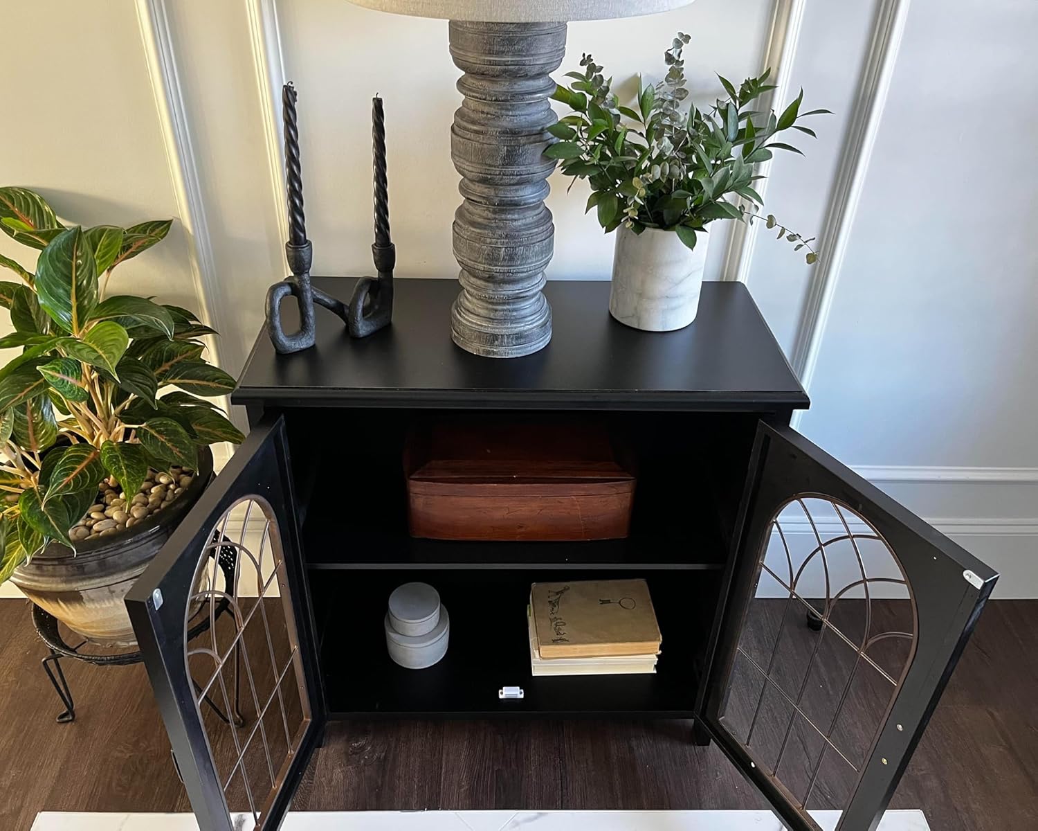 MAISON ARTS Accent Cabinet with 2 Doors, Decorative Storage Cabinets with Solid Wood Frame & Legs Small Sideboard Buffet Cabinets Entryway Living Room Cabinet, Metal Church Window