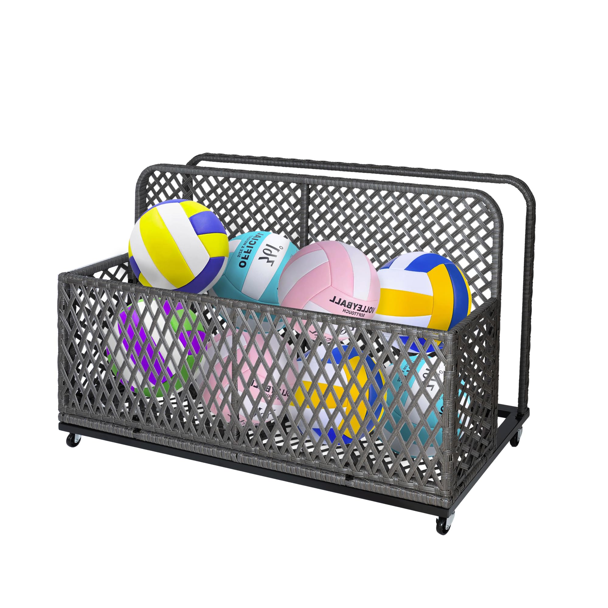 Hapihom Pool Storage Bin, Rolling Poolside Float Storage with Towel Rack and Wheels, PE Rattan Mesh Organizer for Swimming Equipments, Floaties, Toys, Floats, Cushions, Life Vests, Beach Balls - H