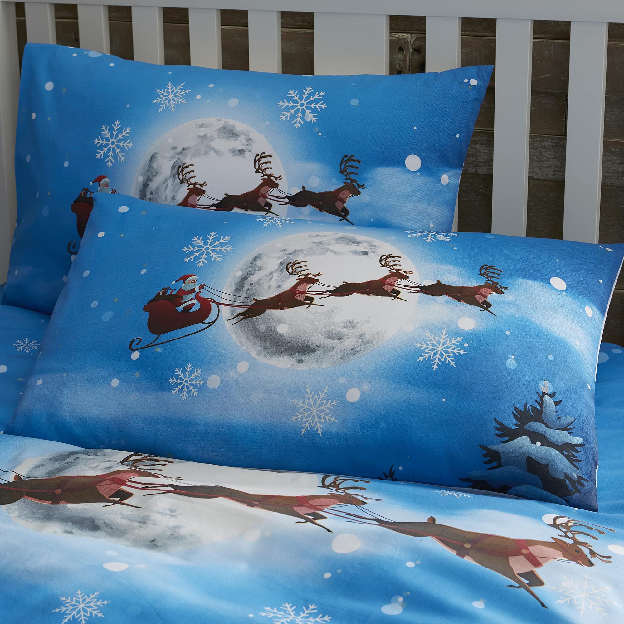 Bedlam Glow in the Dark Christmas Duvet Cover, Single Size 140 x 200cm, Santa in Sleigh Print, Red, 1 Pillowcase - Image 3