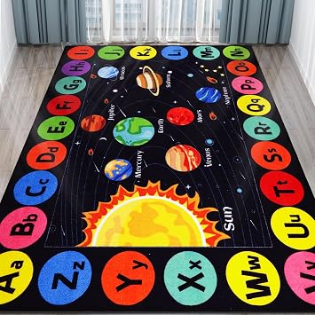 Kids Rug Outer Space Carpet for Playroom, ABC Educational Learning Area Rug, Non-Slip Solar System Road Play Play Rug for Kids Bedrooms, Classroom, Room Decor Black, 78.7X59 INCH