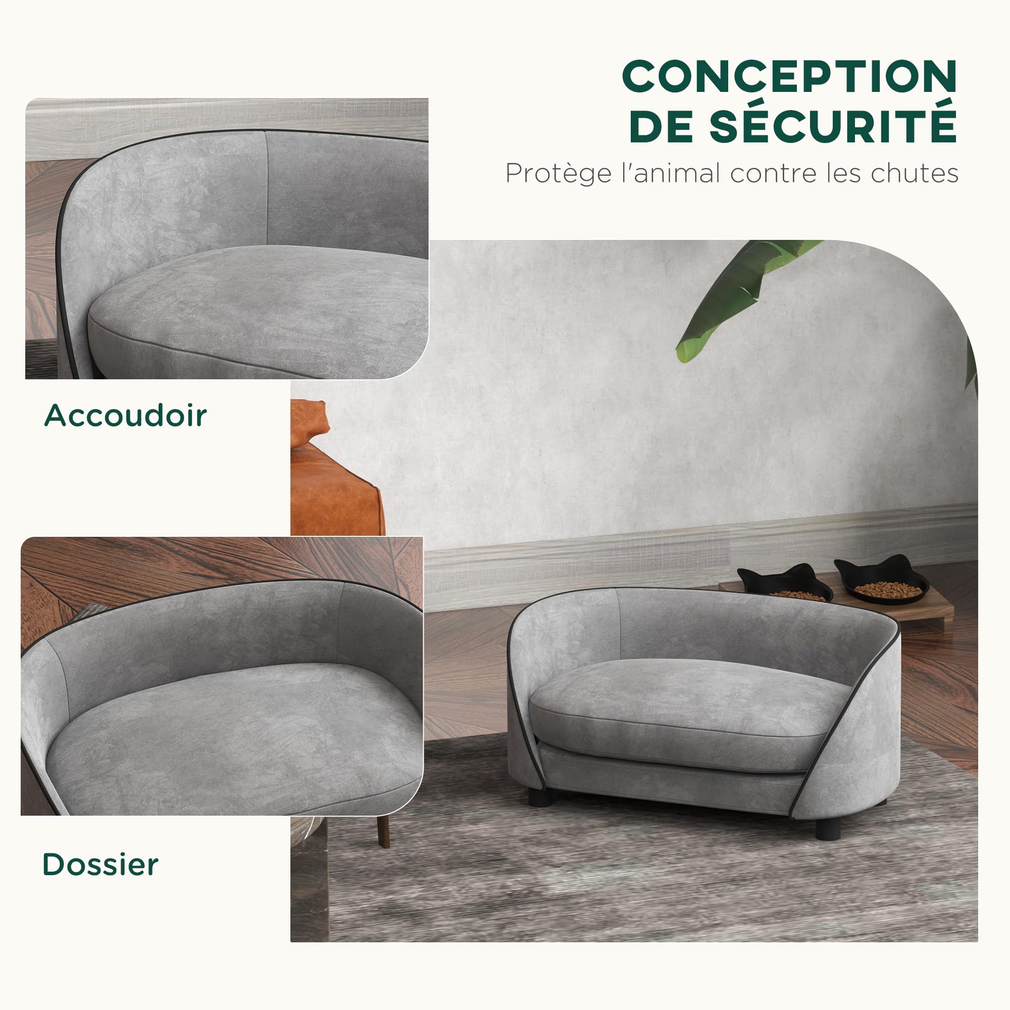 PawHut Canapé pour Chien, canapé pour Chat, Coussin Doux, Housse Amovible et Lavable, revêtement en Velours néerlandais, pour Chiens de Petite à Moyenne Taille, Gris