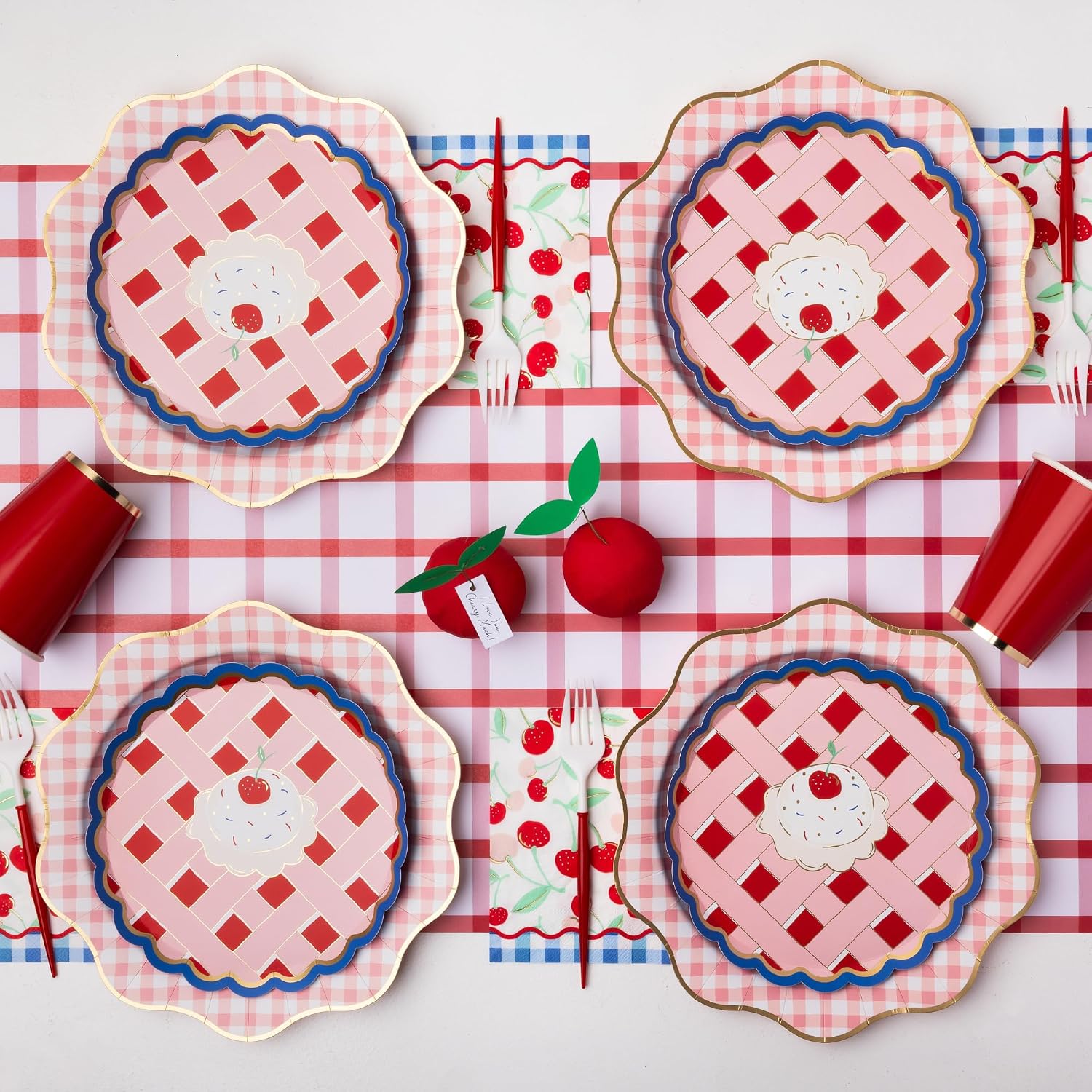 Bonjour Fête Cherry Pie Gingham Large Paper Napkins | Premium 3-Ply Party Supplies | Cherry & Blue Gingham Design for 4th of July, Summer Picnics & Patriotic Parties | Pack of 20, 6.5" Folded Napkins