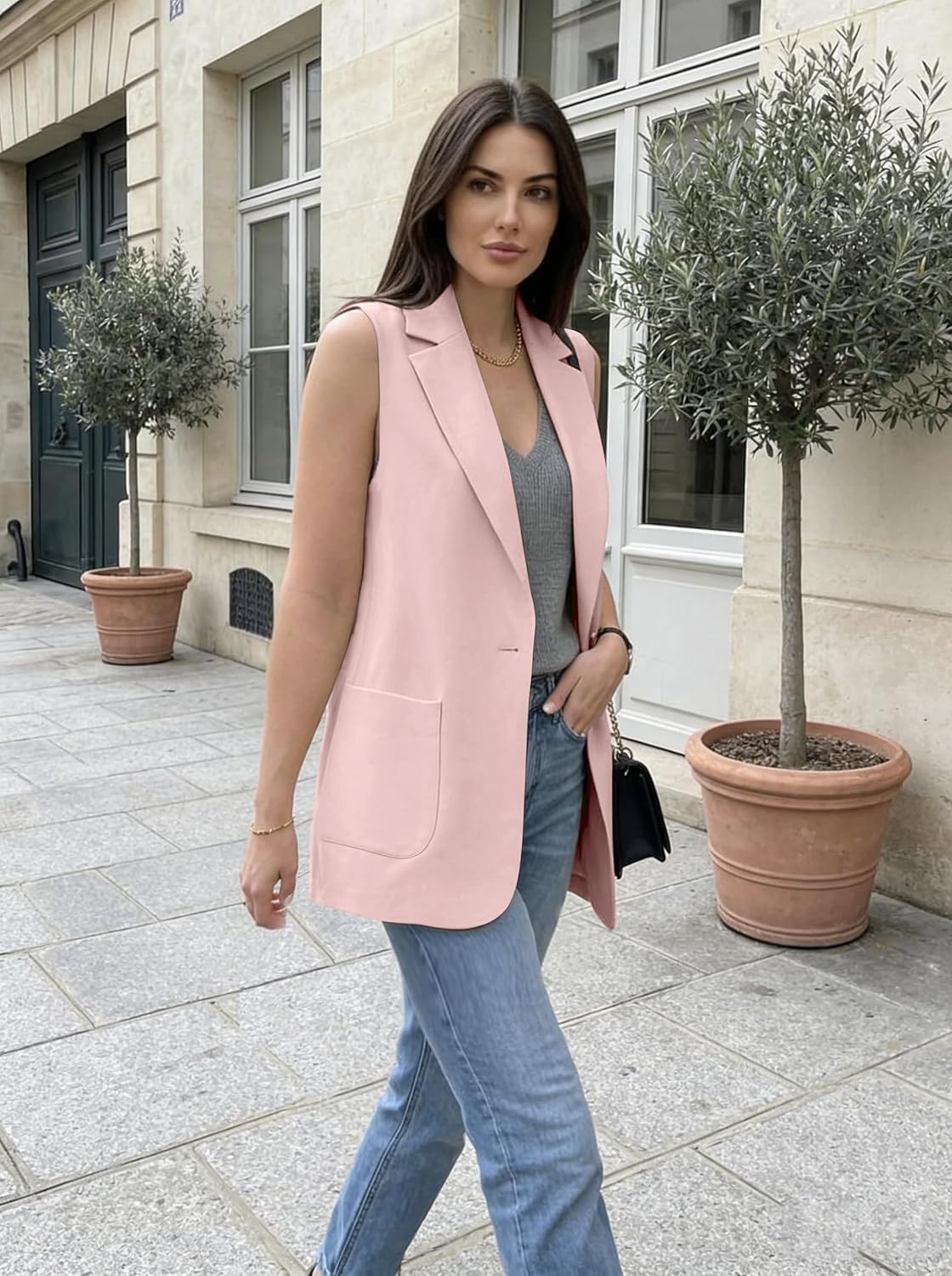 IDEALSANXUN Womens Long Vest Sleeveless Blazer Dressy Spring Summer Suit Jackets