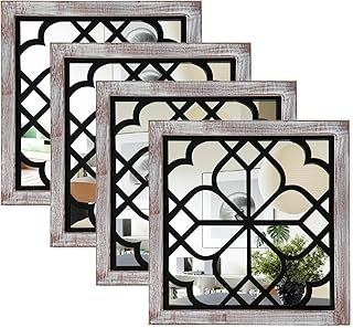 ZEXUIRU Set of 4 Wooden Rustic Square Wall Mirror Vintage Style Decorative Entry Mirror Farmhouse Wall Decoration for Living Room Bedroom Bathroom Kitchen 11.8 * 11.8inch Brown…