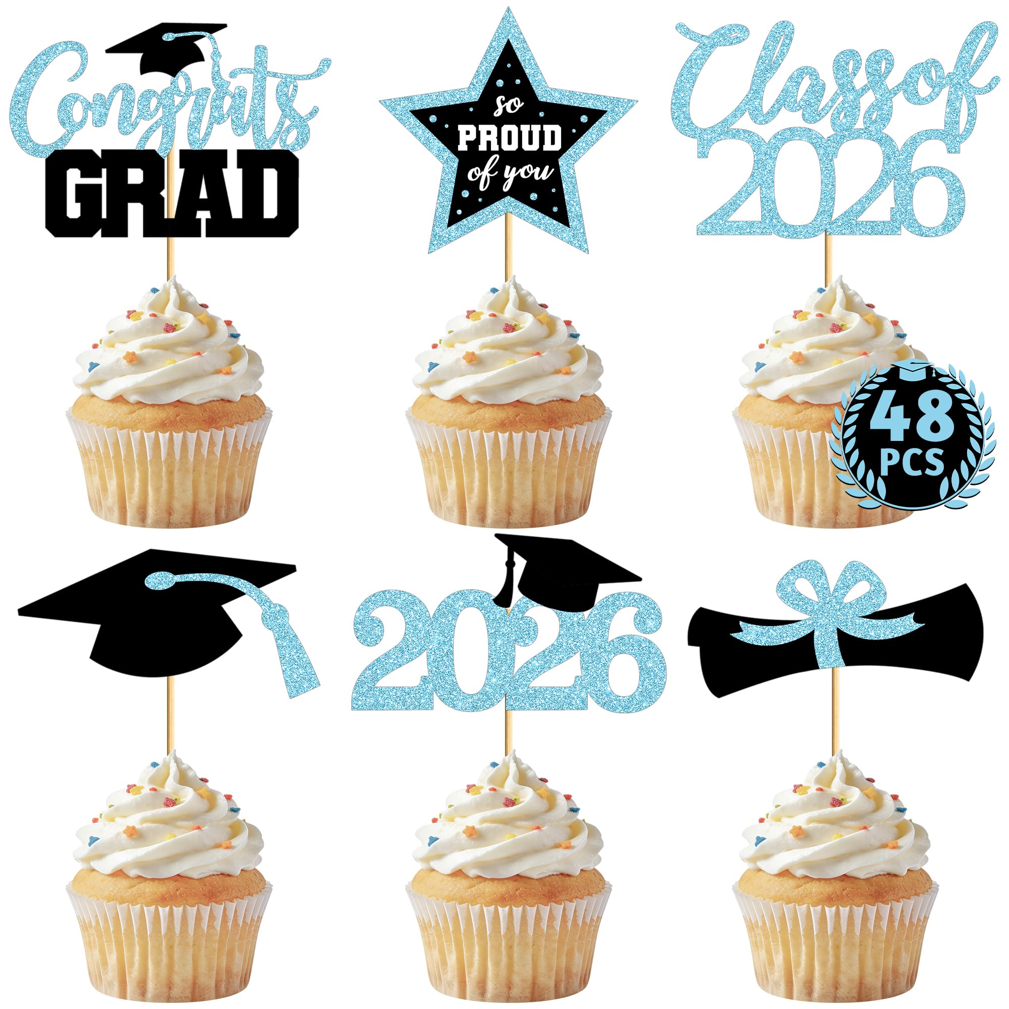 48 PCS Graduation Cupcake Toppers 2026, 6 Styles Grad Cupcake Toppers, Glittery Congrats Graduation Decor, Black and Sky Blue Cap and Diploma Cake Picks for Grad Decorations Party Supplies