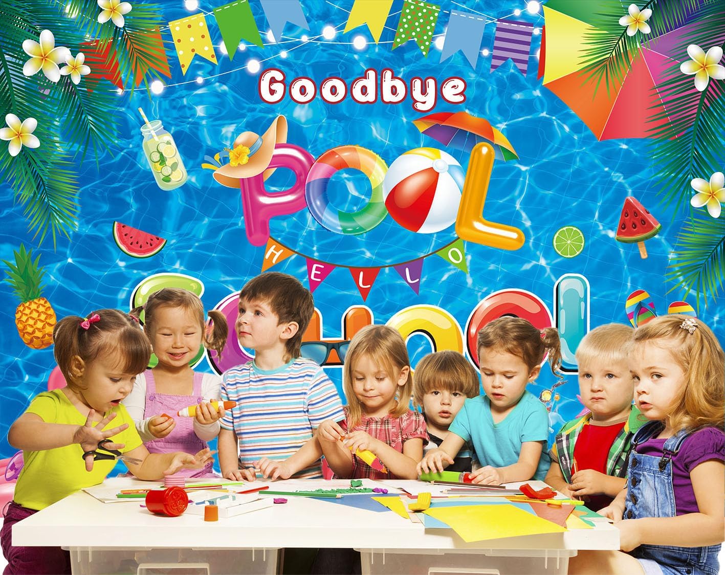 Goodbye Pool Hello School Backdrop 7x5FT End of Summer Back to School Background Goodbye Summer Welcome to School Party Decoration Banner Photo Shoot Props