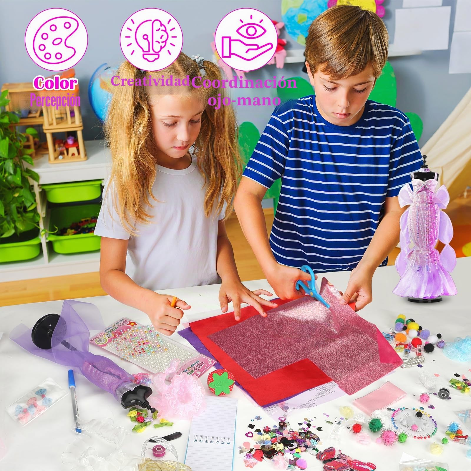 YOCOLE 1500+ Piezas Kit Diseña la Moda Niña, DIY Kit Costura con Telas Manualidades con 6 Maniquíes Accesorios, Regalos Fashion Designer Creativos Juegos para Niñas Niños 6 7 8 9 10 11 Años