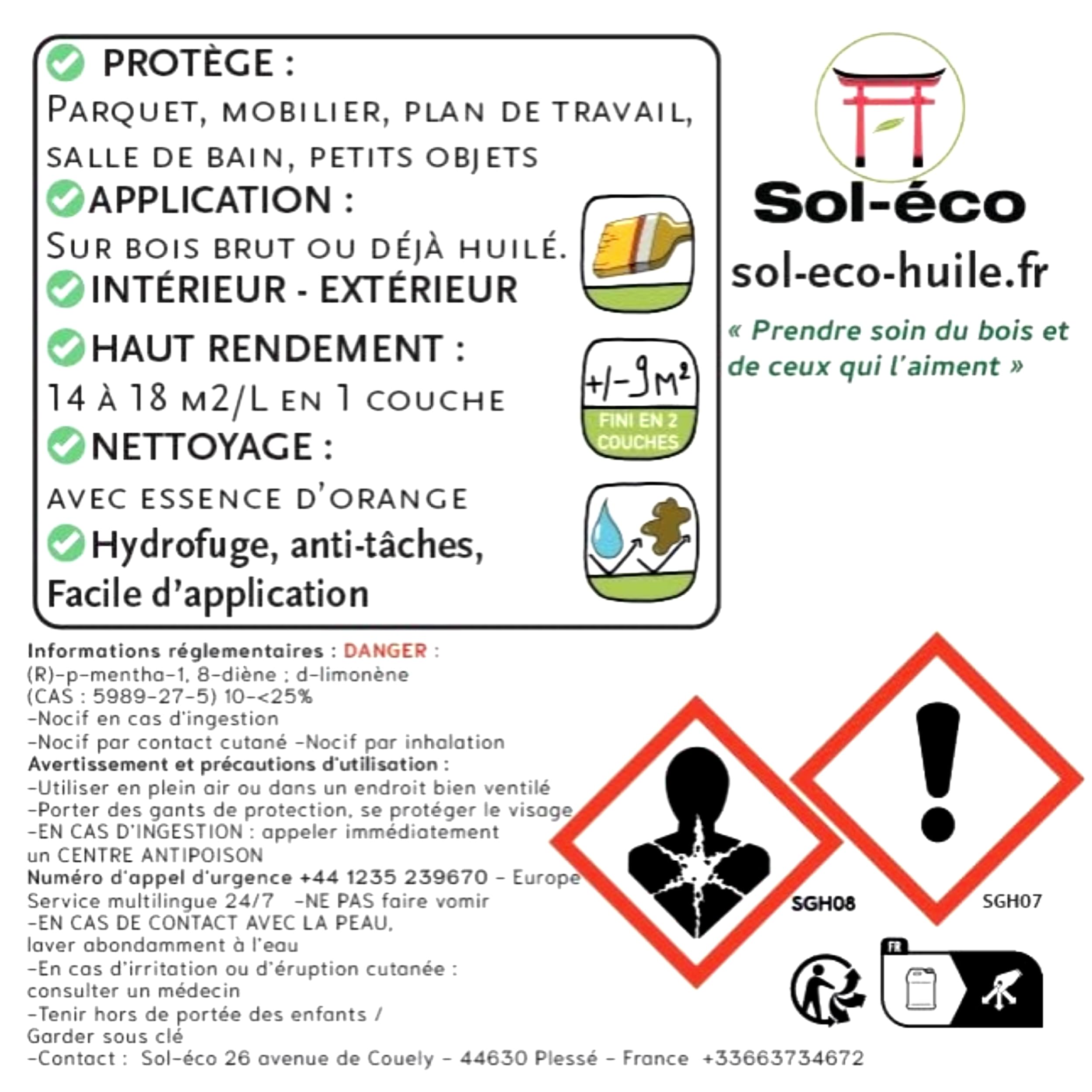 (Sol-éco) Aceite de alta protección -Protección de la madera interior - 5L | Fluido y penetrante - Tung y aceite de naranja (D-limoneno) - Parqué, encimeras de trabajo, baño, Hidrofóbico