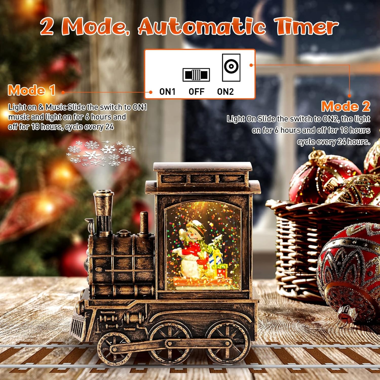 Christmas Snow Globes, Vintage Musical Christmas Snow Globe Lantern with Snowflake Projection, Lighted Christmas Train Snow Globe with Snowman Water Swirling Glitter and 6H Timer, Xmas Gift