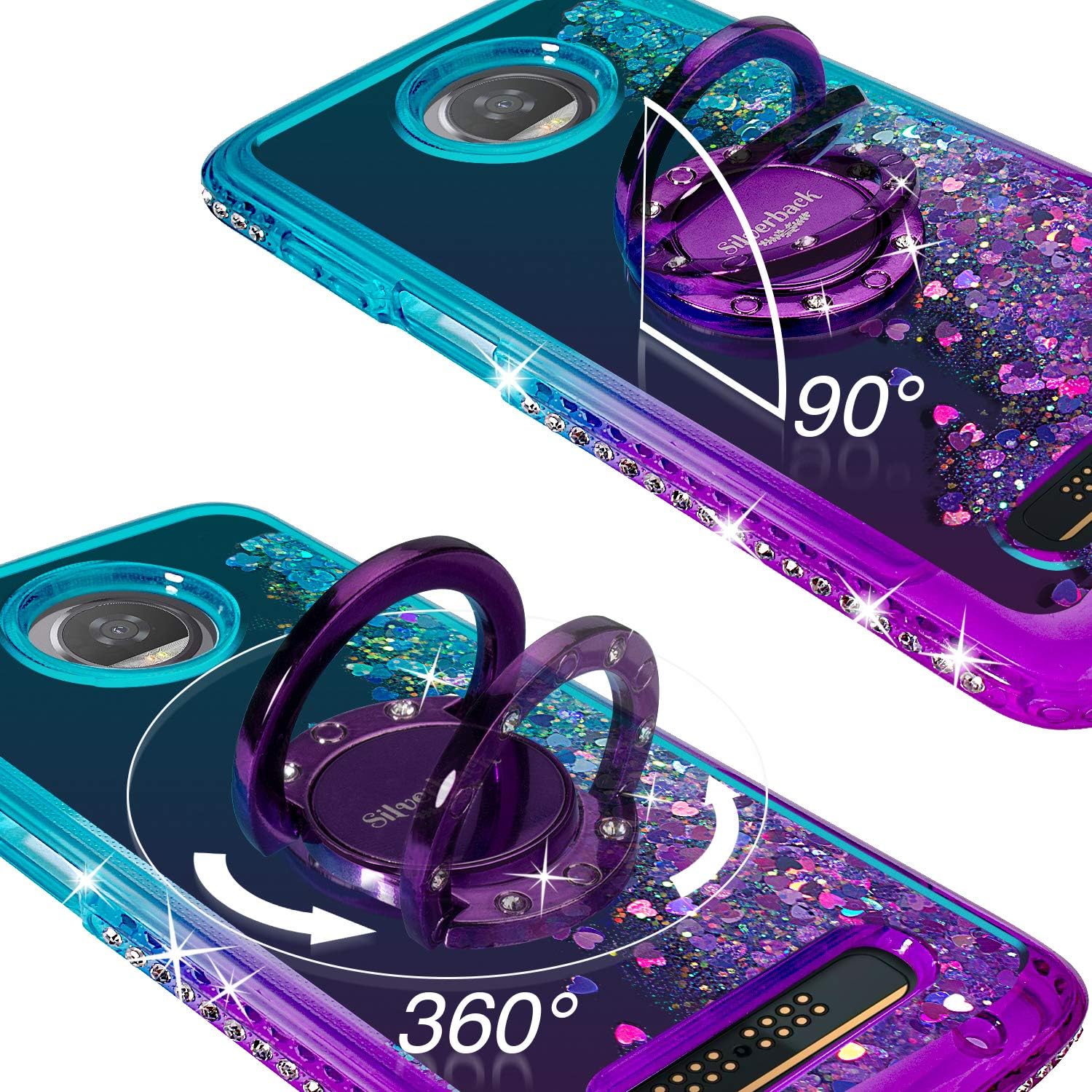 Silverback Moto Z2 Play Case, Moto Z2 Force Case, Moving Liquid Holographic Sparkle Glitter Case with Kickstand, Bling Diamond Rhinestone Bumper Slim Protective Case for Motorola Moto Z2 Play -PR