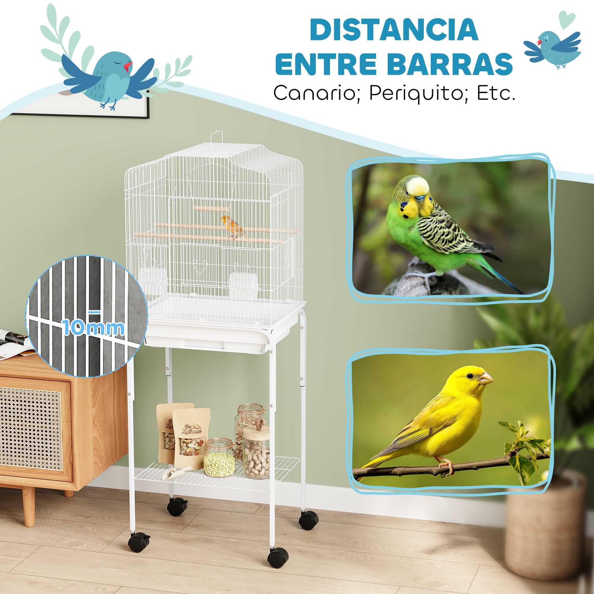 PawHut Gabbia per pappagalli con supporto a ruote Bianco 46,5x36x124 cm | Gabbie per Budgie, per Fringuello e Canarino, Vassoio estraibile, Ripiano porta accessori