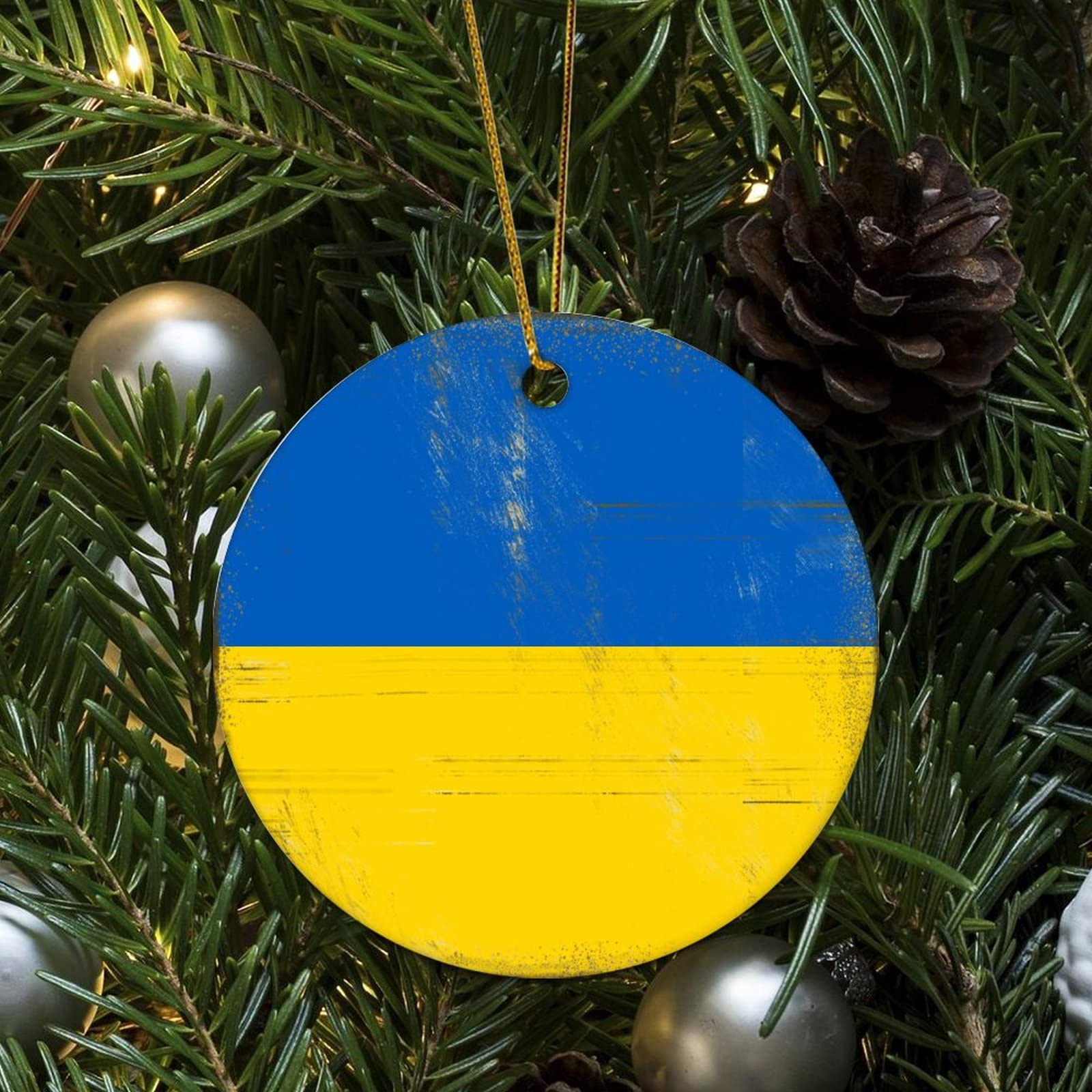 Ornement De Noël En Céramique - Motif Drapeau Croatie - Pendentif Rond Avec Cordon Doré - Décoration Festive