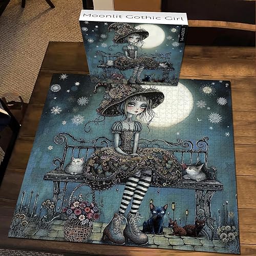 Miniatura 4 de PICKFORU Rompecabezas gótico iluminado por la luna de 1000 piezas, rompecabezas vintage de arte oscuro para adultos, lindo rompecabezas de póster