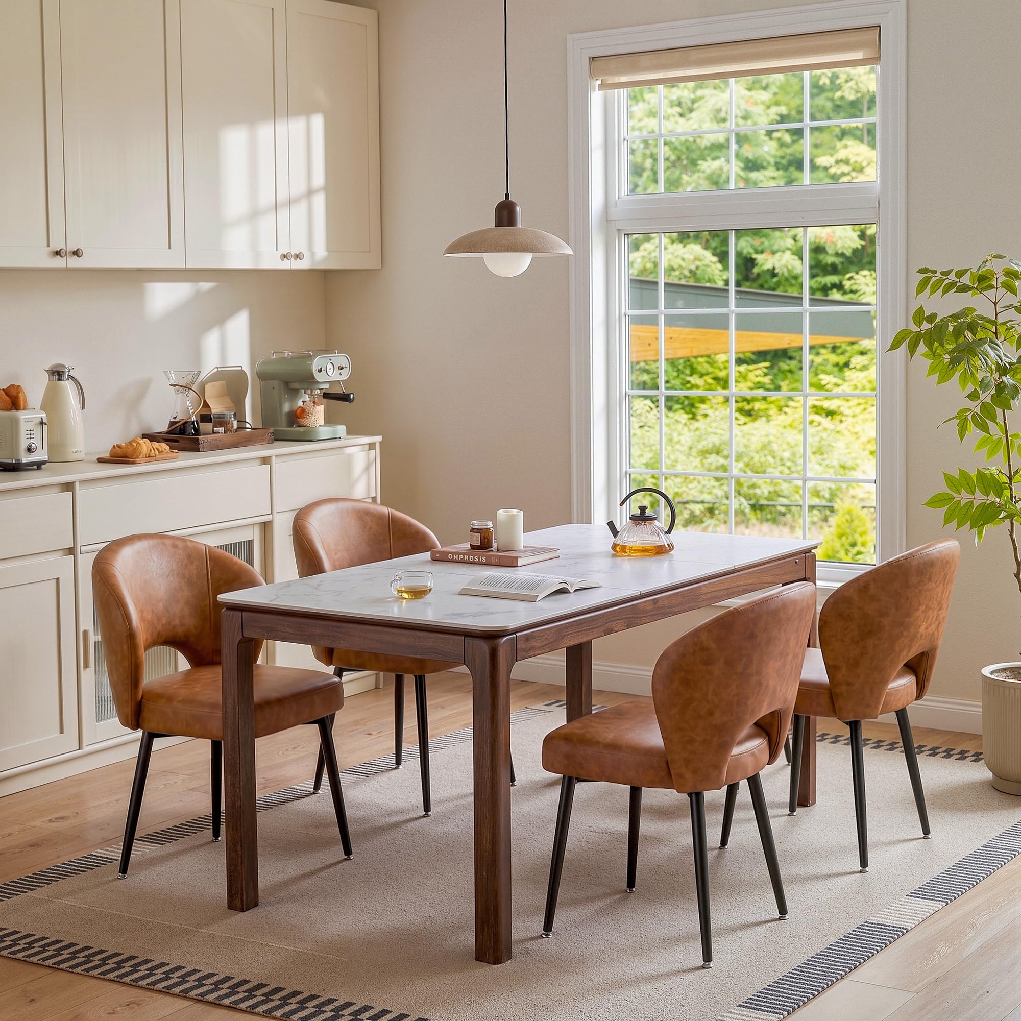 Cliporix Dining Chairs Set of 4, Curved Hollow Backrest, Easy-Clean Faux Leather, Soft Cushion Seat & Durable Metal Frame for Kitchen, Living Room, or Café, Retro Brown