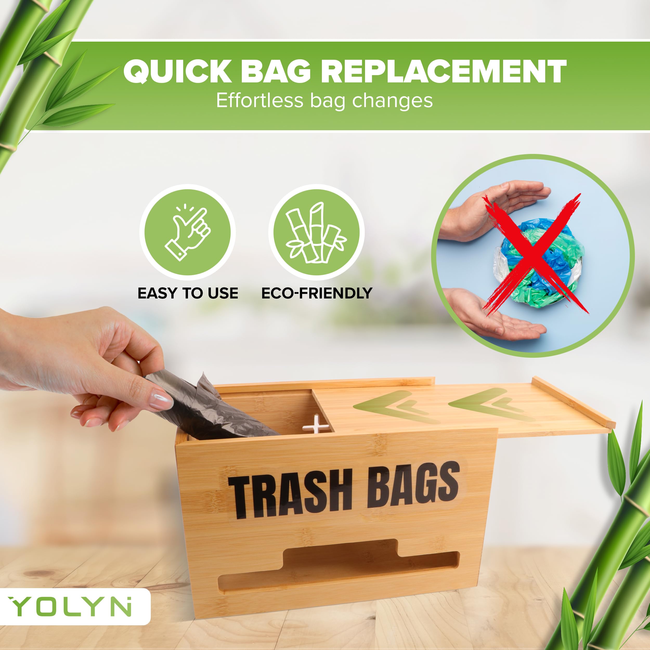 YOLYN Trash Bag Dispenser â€“ Garbage Bag Dispenser Holder, Small to Extra Large Wooden Trash Bags Roll Holder â€“ Storage Organizer for Grocery Bags and Plastic Bags, Wall Mounted or on Countertop