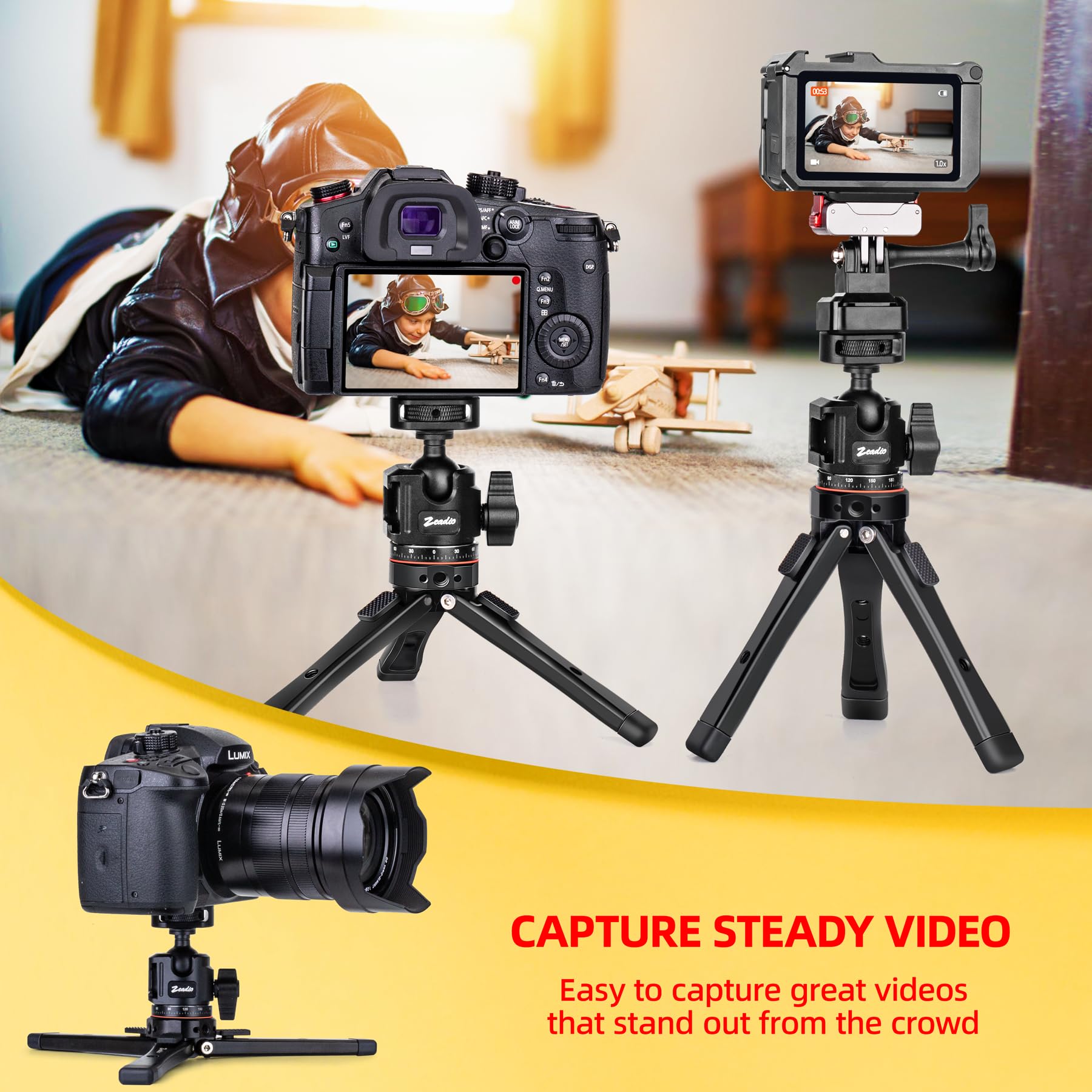 Zeadio Kit Treppiedi in Metallo Heavy Duty con Adattatore 1/4", Supporto per Telefono e Adattatore per Action Cam, Compatibile con iPhone/Android Fotocamera Gimbal Action Cam e altro