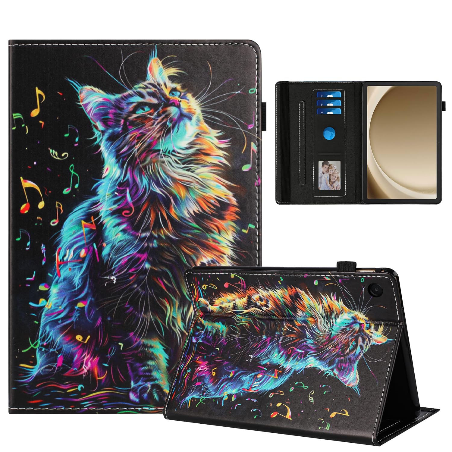 Rostsant Hülle für Samsung Galaxy Tab A11 Plus 11 Zoll SM-X230/SM-X235/SM-X236B PU Leder Hülle Magnetischer Ständer Wallet Tablet Schutzhülle für Galaxy Tab A11 Plus Musiknotenkatze