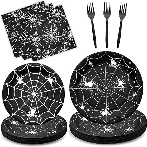 96-Piece Halloween Spider Web Disposable Tableware Set, Serves 24