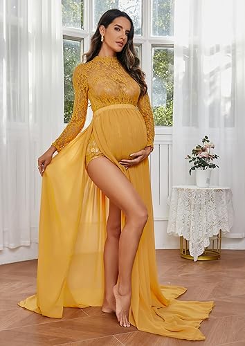 Miniatura 4 de ZIUMUDY Vestido de manga larga con encaje transparente para maternidad para fotografía con falda maxi de gasa para sesión de fotos