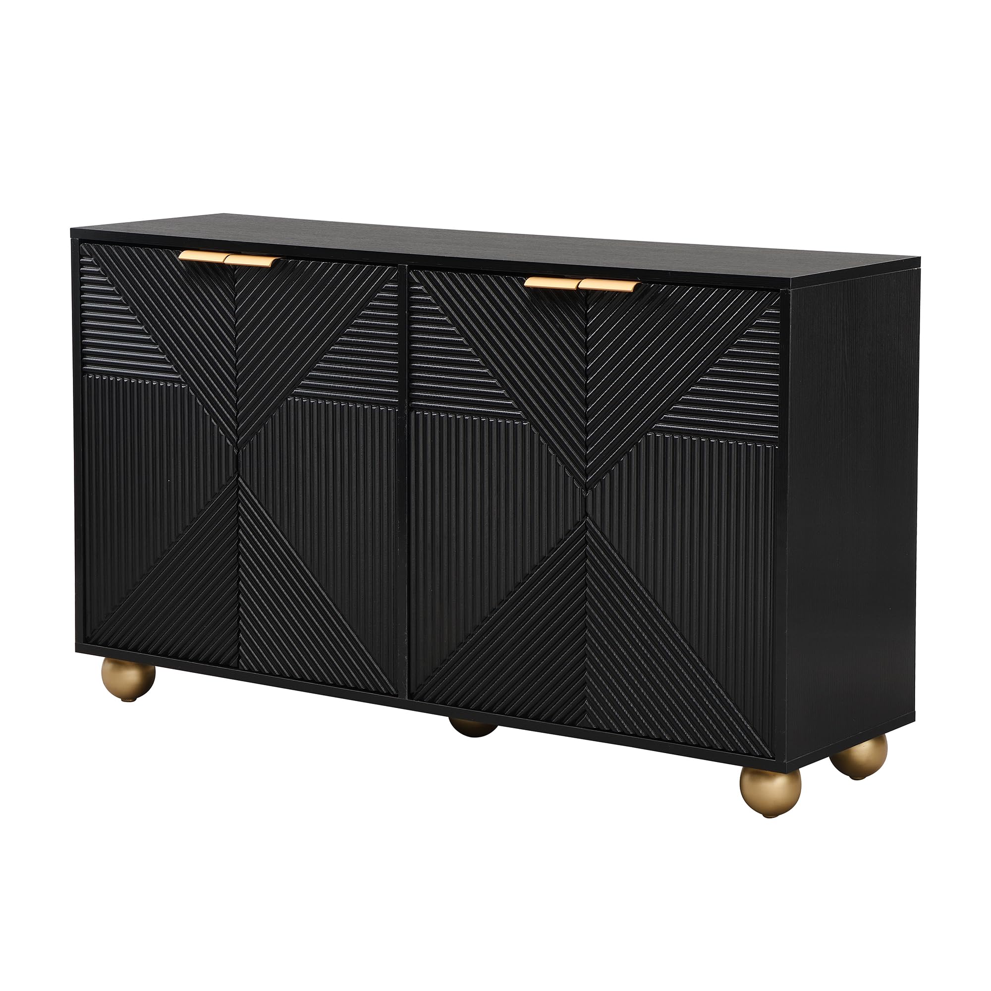Aparador negro 120 x 35 x 71,5 cm con cuatro puertas moldeadas, estantes interiores ajustables, asas de metal y patas esféricas