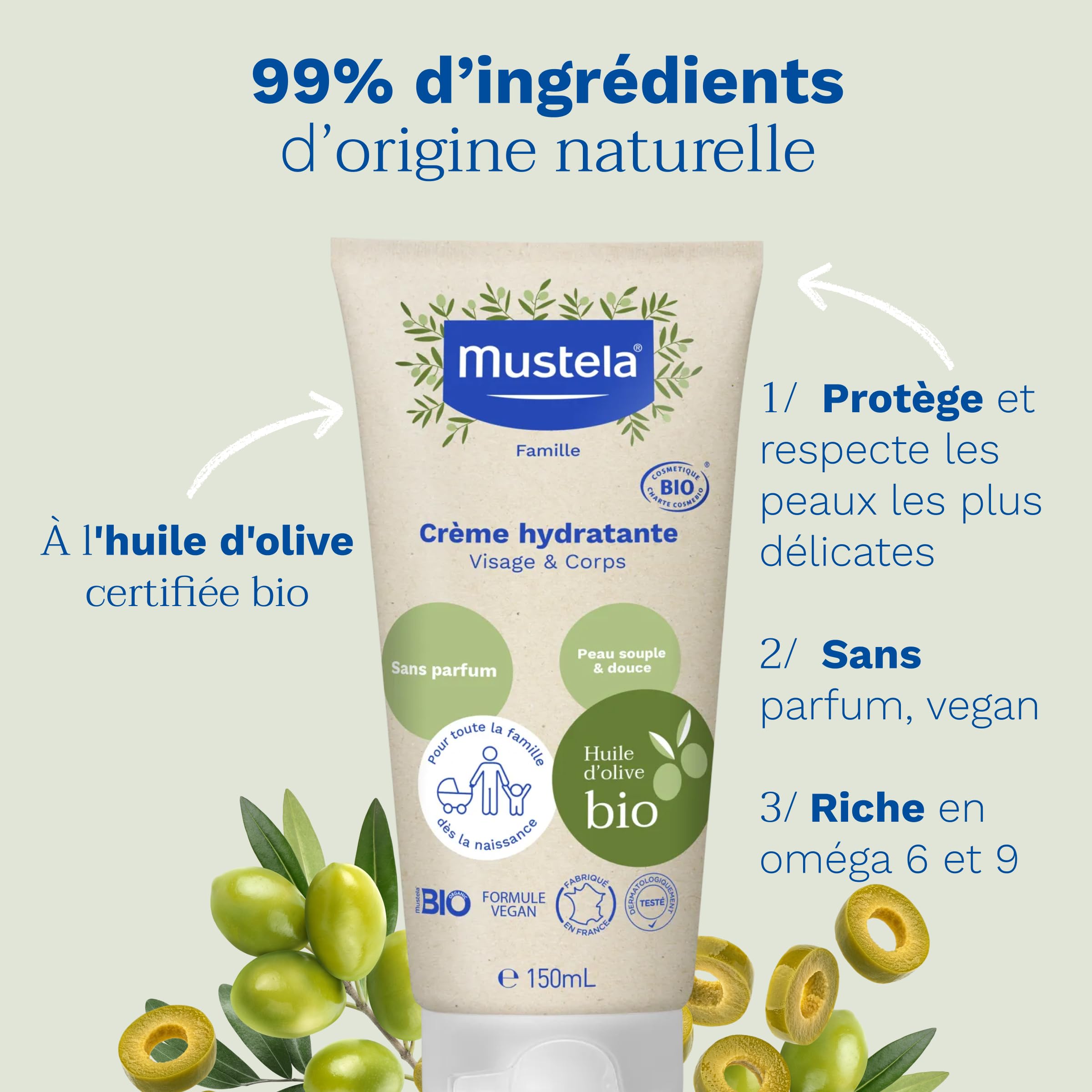 Mustela - Crème Hydratante Bébé à l'Huile d'Olive Bio - Pour Toute la Famille dès la Naissance - Peaux Sensibles - Huile d'Olive, Glycérine et Aloe Vera - Crème Hydratante Visage et Corps Bio