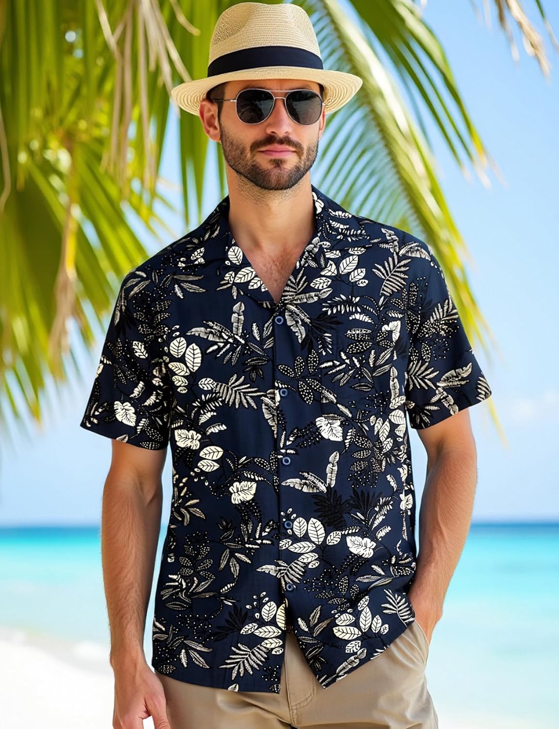 JEMITOP Men's Summer Textured Cuban Collar Hawaiian Shirts Casual Vacation Short Sleeve Button Up Shirt with Pocket - Image 3