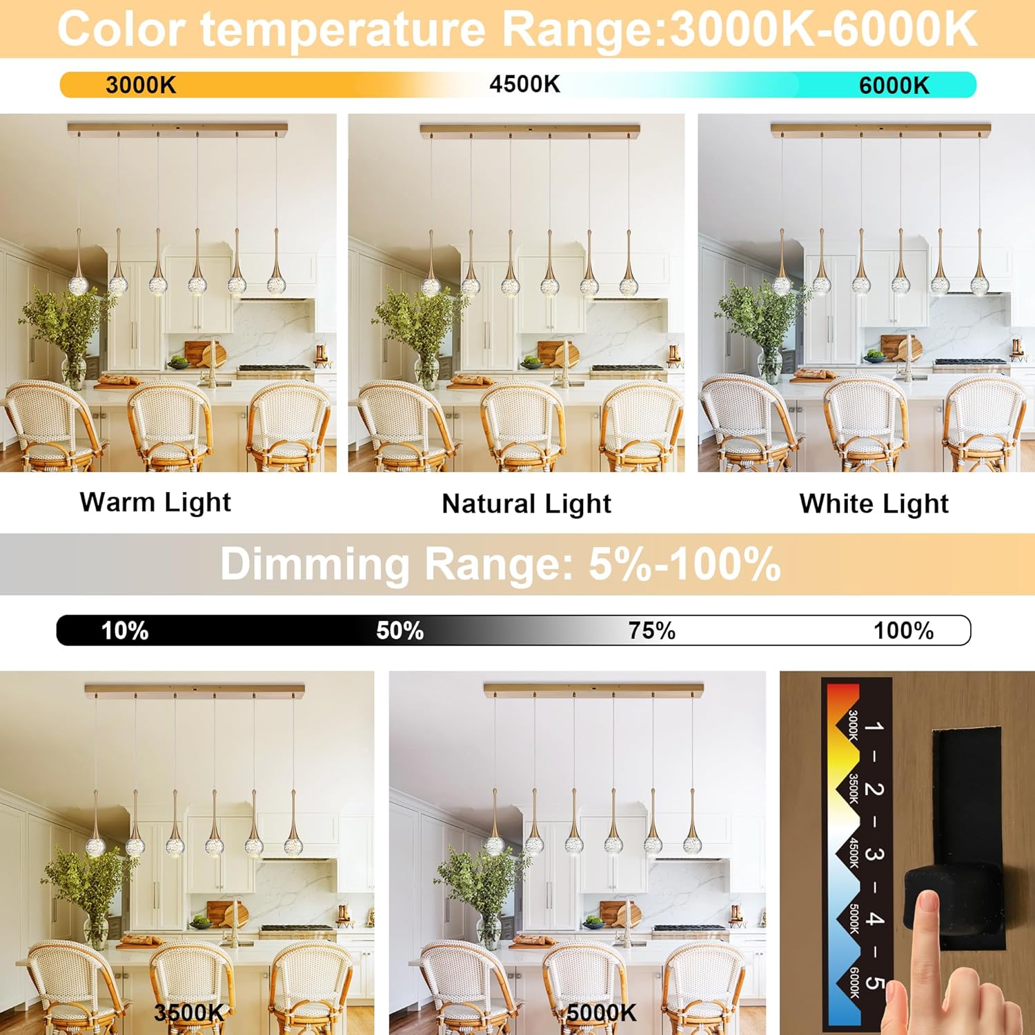 VINLUZ 6-Light Crystal Brushed Gold Chandelier, Dimmable LED Bubble Raindrop Pendant Lighting Fixture, Luxury Glam Adjustable Spiral Ceiling Light for Kitchen Island Dining Room
