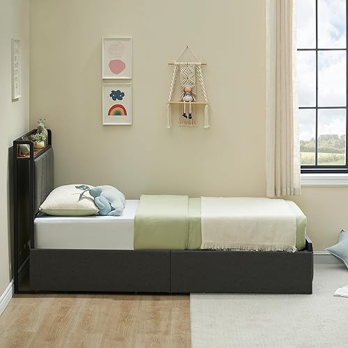 Miniatura 3 de GAOMON Base de cama tamaño Queen con 2 cajones de almacenamiento y estación de carga, base de cama tapizada de lino rústico con cabecera de