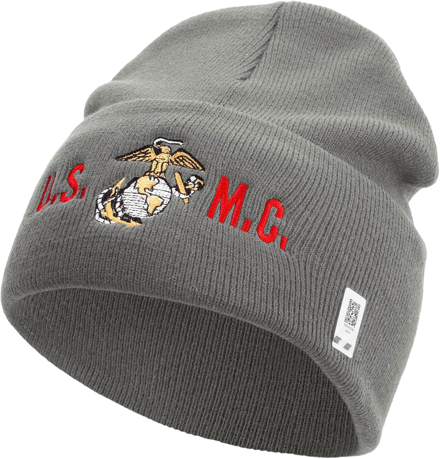 USMC Logo Embroidered 12 Inch Solid Knit Cuff Long Beanie Made in USA