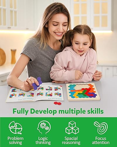 Miniatura 5 de Coogam - Rompecabezas de madera Tangram, rompecabezas de forma y color 3D, juego de lógica y coeficiente intelectual geométrico, bloques Montessori