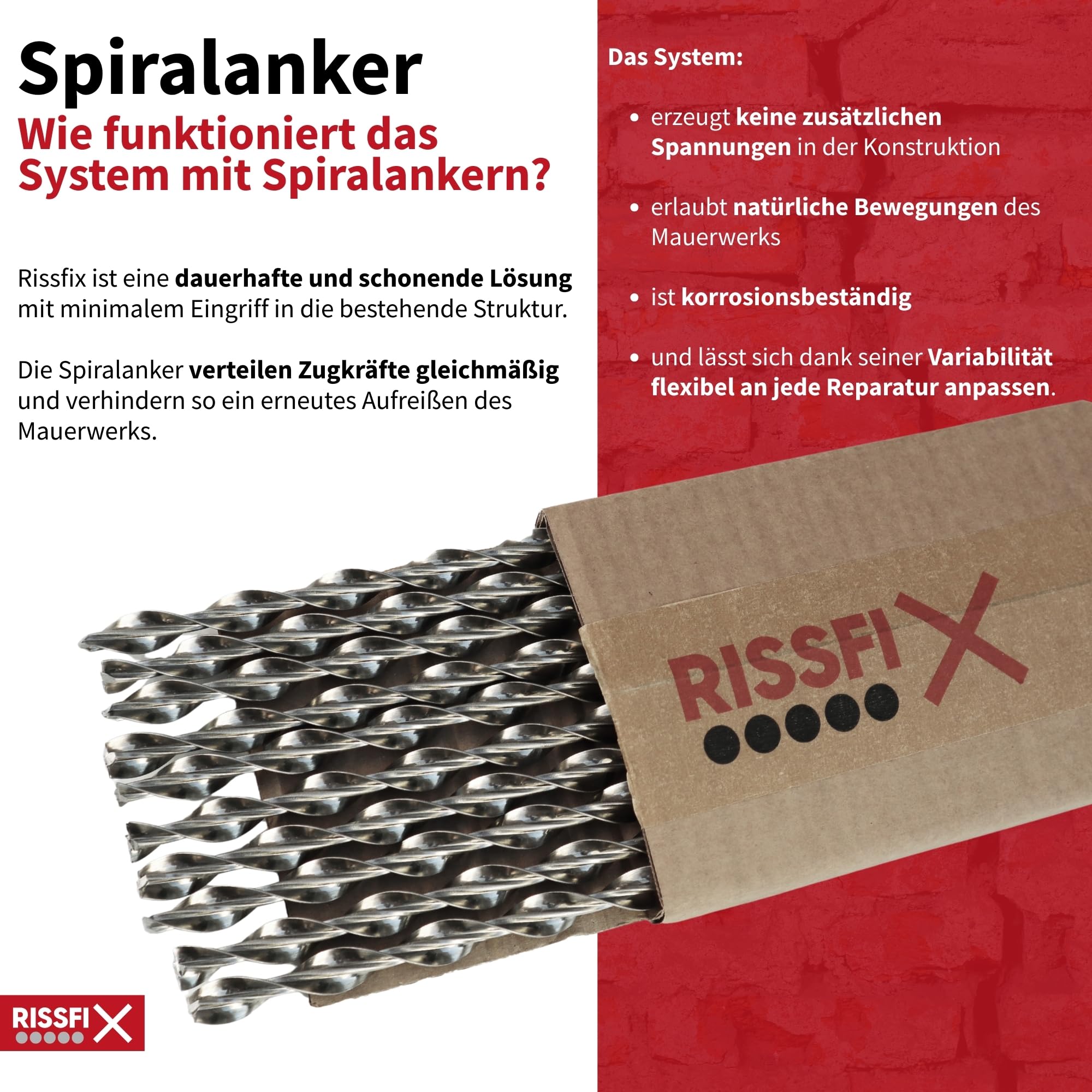 Spiralanker ⌀ 10 mm (10 Stück à 1 m) + Spezial-Ankermörtel – Systemlösung zur Wandrissreparatur