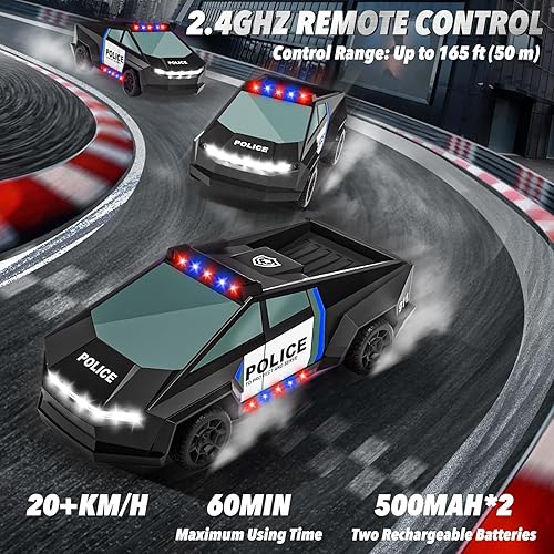 Miniatura 5 de Juguetes de auto a control remoto, 120 con temática de policía RC Cyber Truck con luces LED intermitentes y espacio de carga, 2.4 GHz recargable de
