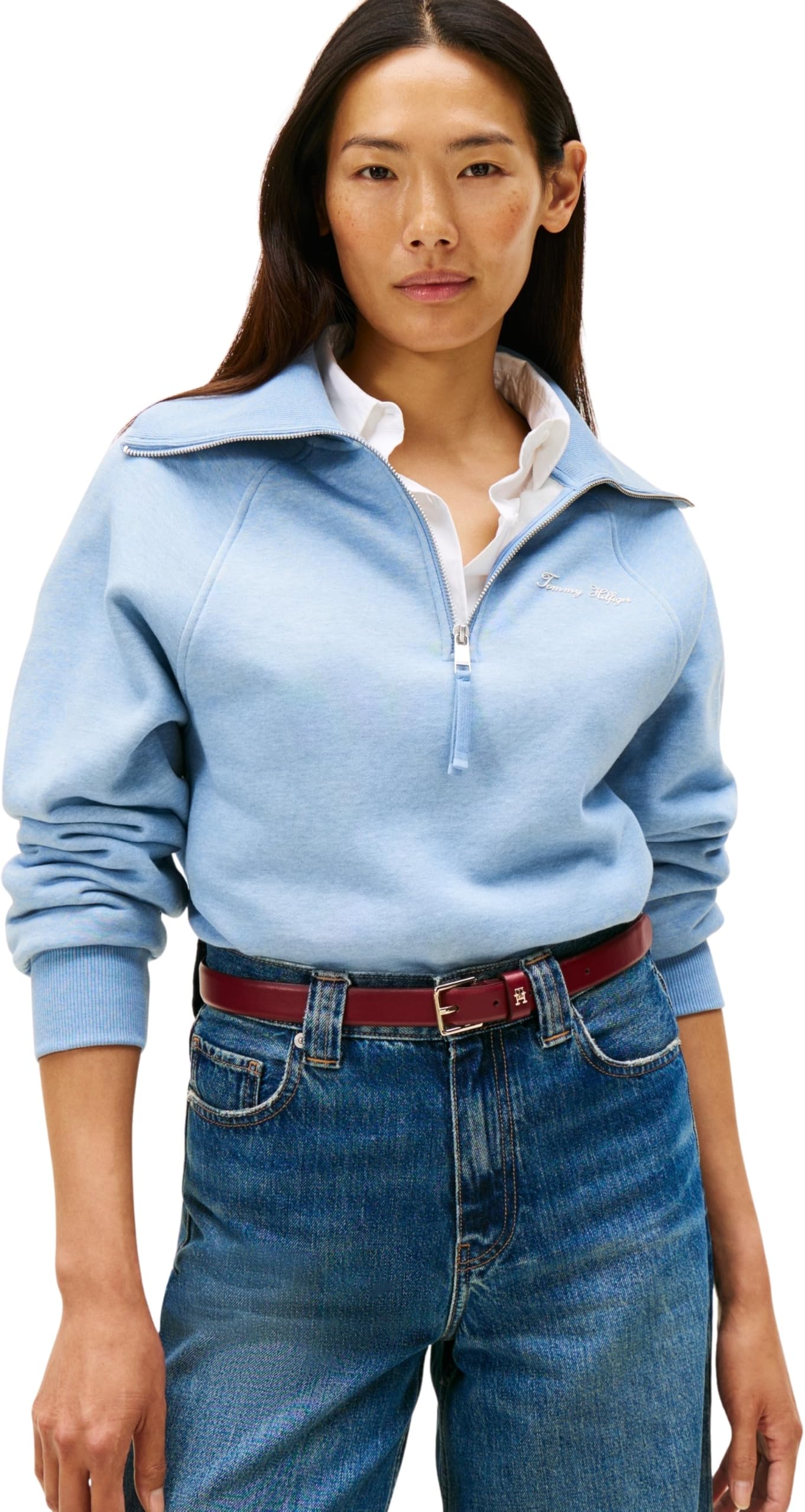 Tommy Hilfiger Women's Classic Script Fleece Half Zip Sweatshirt, Blue (Brisk Blue Heather), S