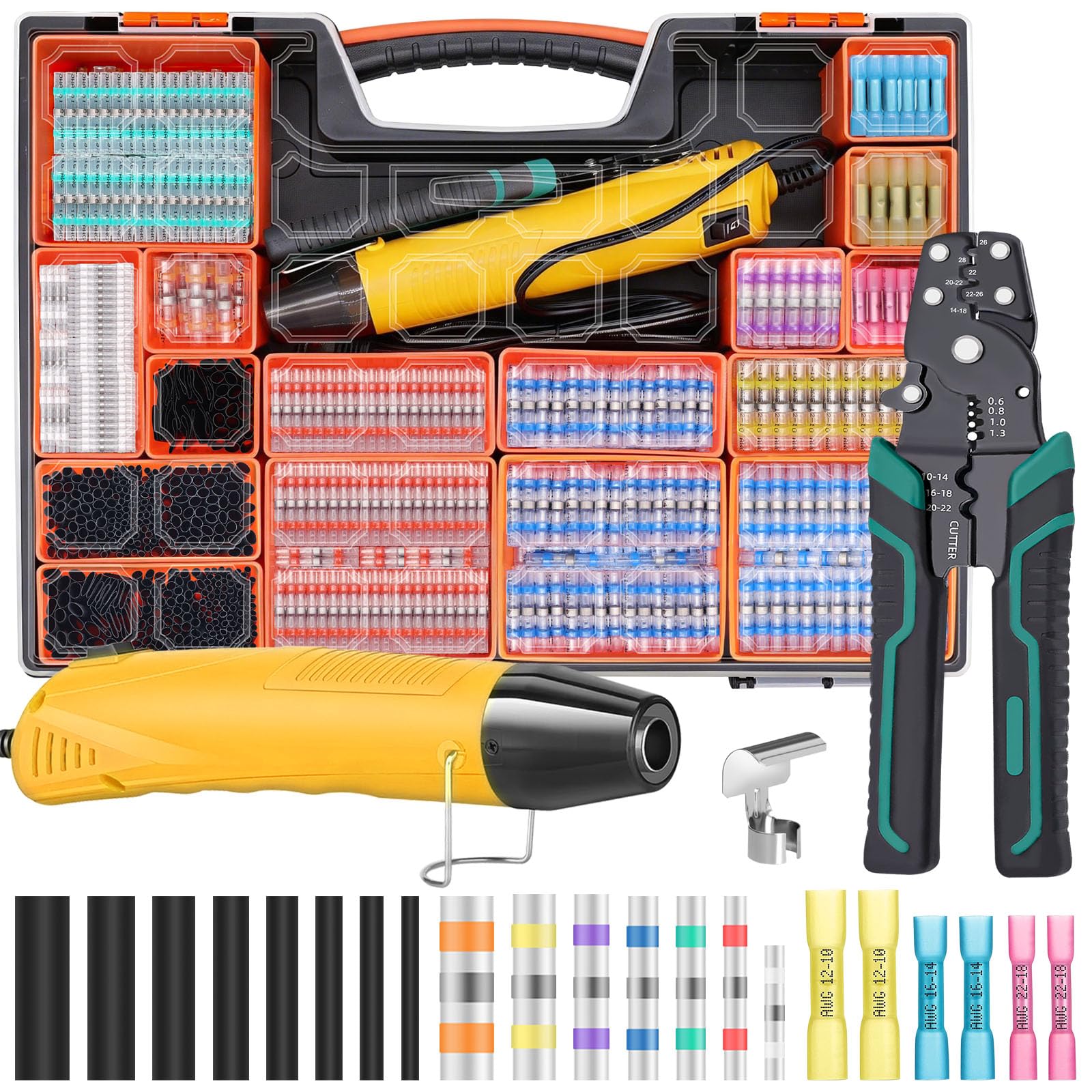 Juego de 2066 Conectores de Alambre de Sellado de Soldadura termorretráctil con Pistola de Calor y Herramienta de crimpado Pelacables, Conectores de Extremo de Soldadura Impermeables para