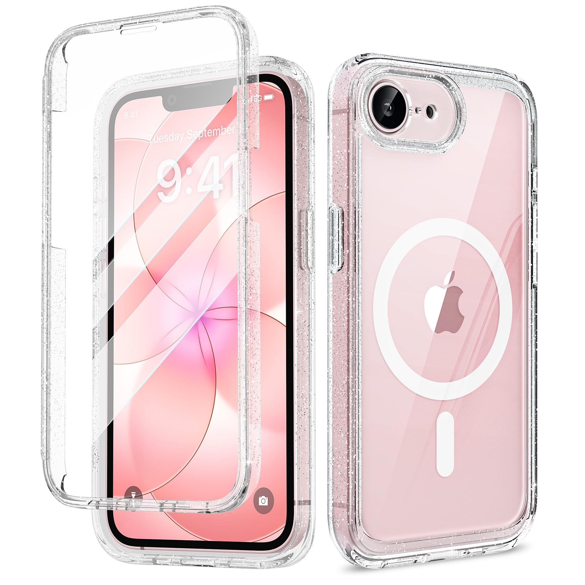 miracase for iPhone 17e Case &amp; iPhone 16e Case, Full-Body Phone with Built-in Glass Screen Protector, [Magnetic with MagSafe] Military Drop Proof 17 E/ 16 E Cover Bumper 6.1 inch, Clear Glitter