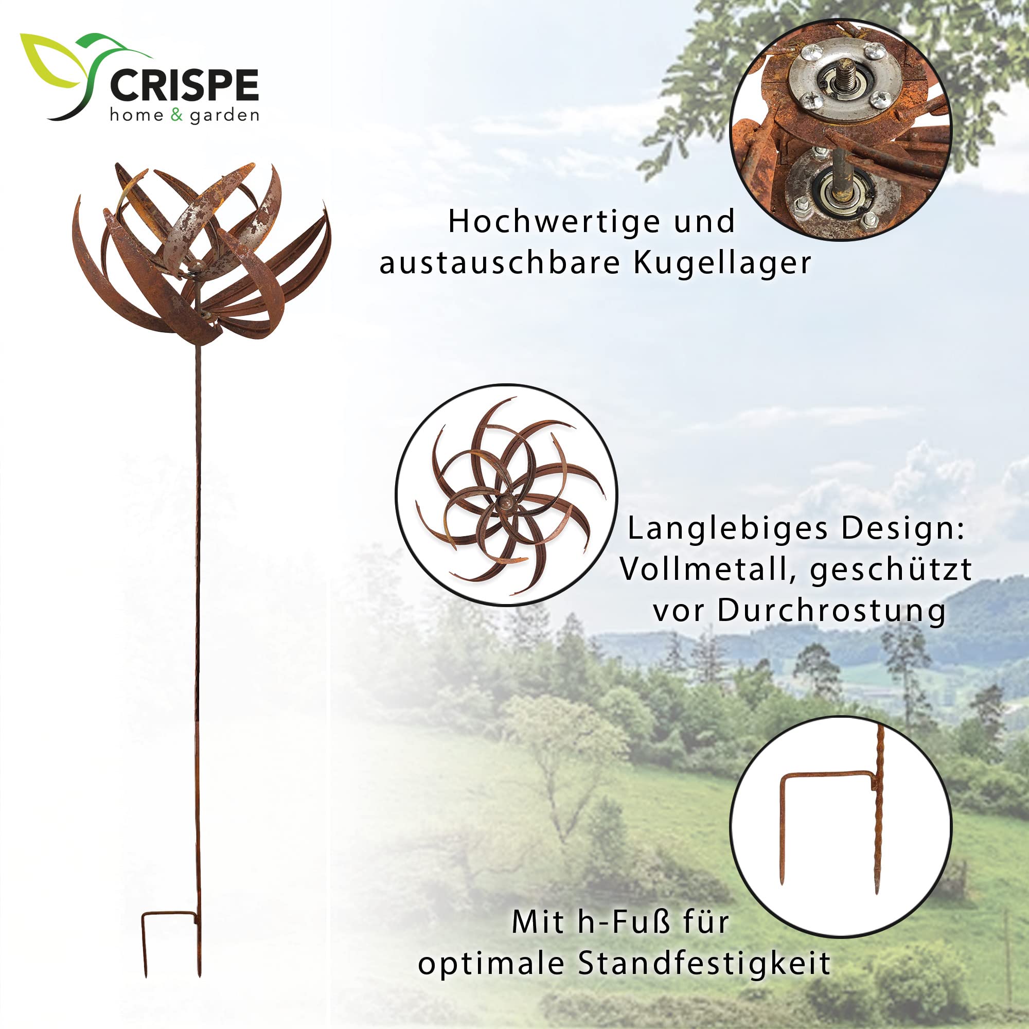 Metall Windrad 'Lotus' - massives Windspiel Windmühle für den Garten - wetterfest und standfest - mit besten Kugellagern - aus Vollmetall mit Edelrost-Patina – Höhe 221 cm