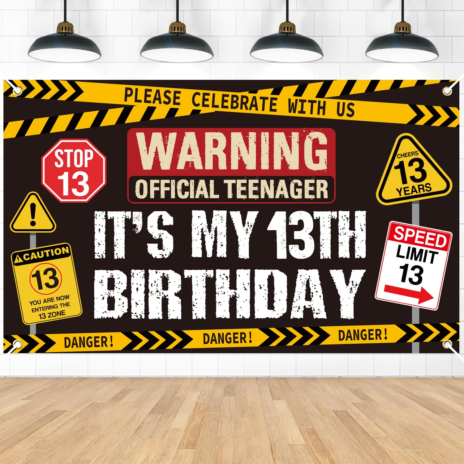 Eiapadeor 13th Birthday Decorations Banner Backdrop, Warning Signs Banner — image 1