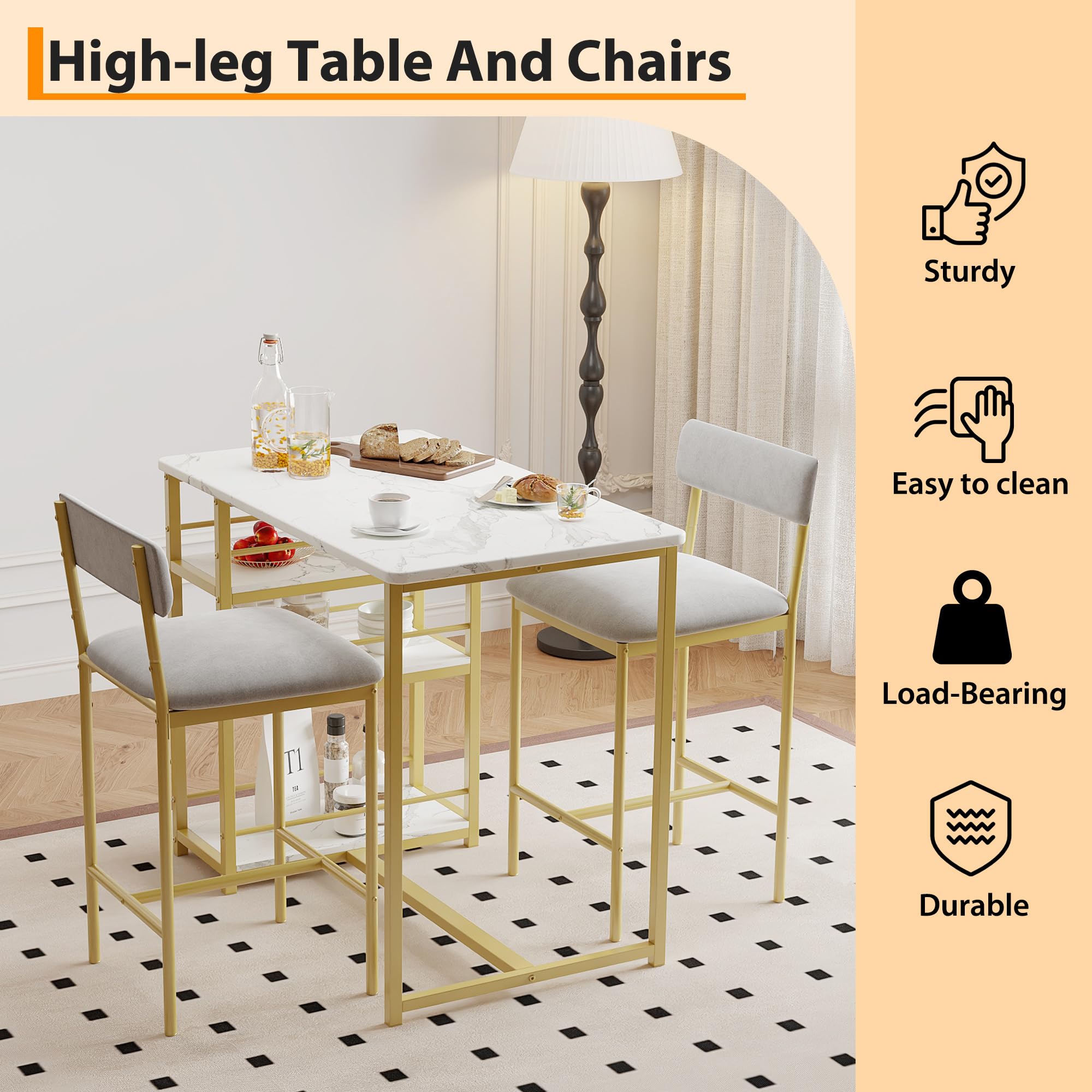 Bartisch Mit 2 Hockern, 3-Stufige Ablageflächen Für Gläser & Deko, Stabiler Stehtisch Barhockern, Essgruppe Mit Hochwertigen Polsterstühlen, Ideal Für Küche, Wohnzimmer Oder Bistro, Goldmarm