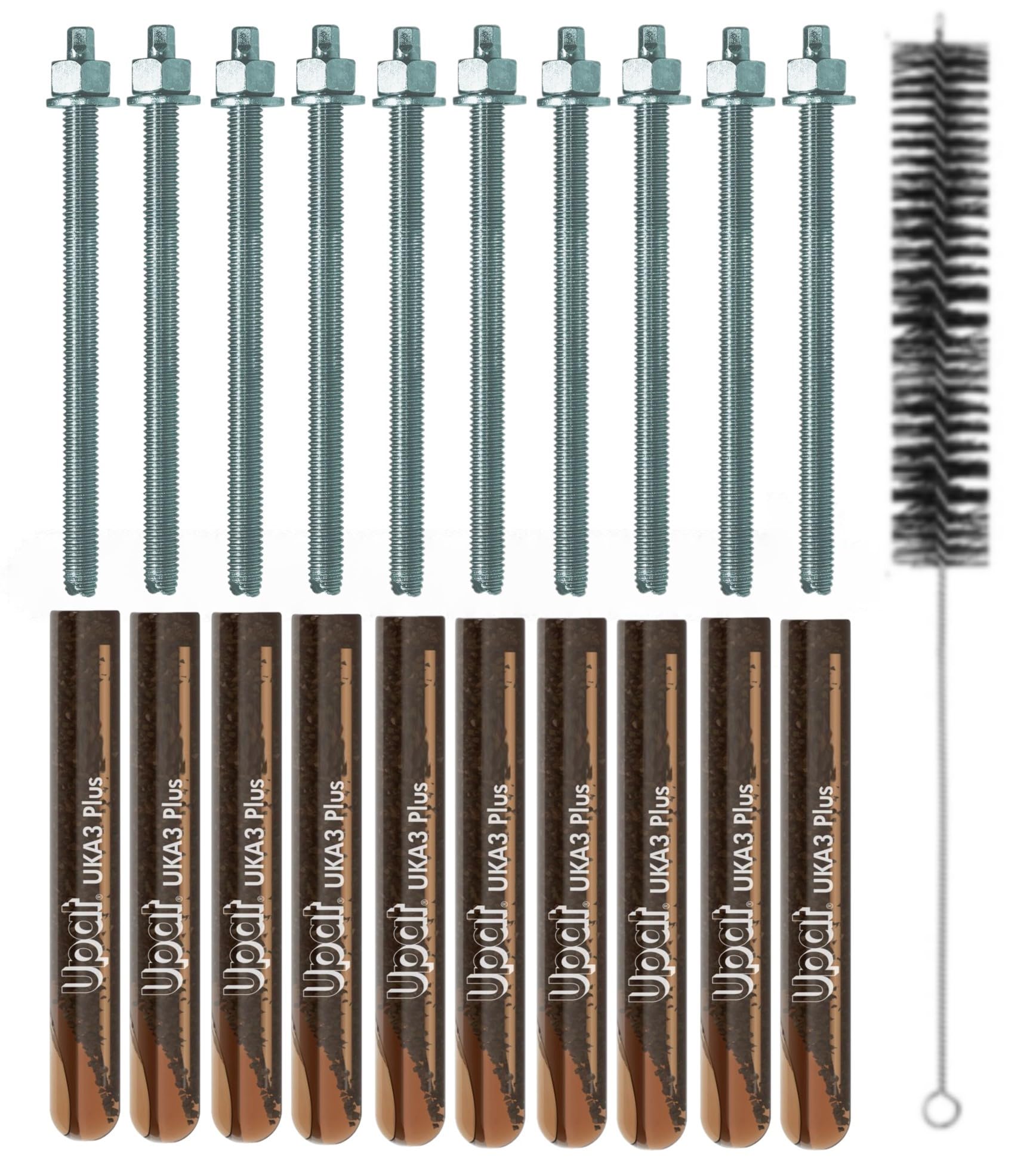 VERBUNDANKER SET M10x130mm VERZINKTER STAHL 5.8-10x Glaspatronen M10 + 10 Ankerstangen M10x130mm vz. + Zylinderbürste/Klebeanker Ankerstangen Schwerlastbefestigung