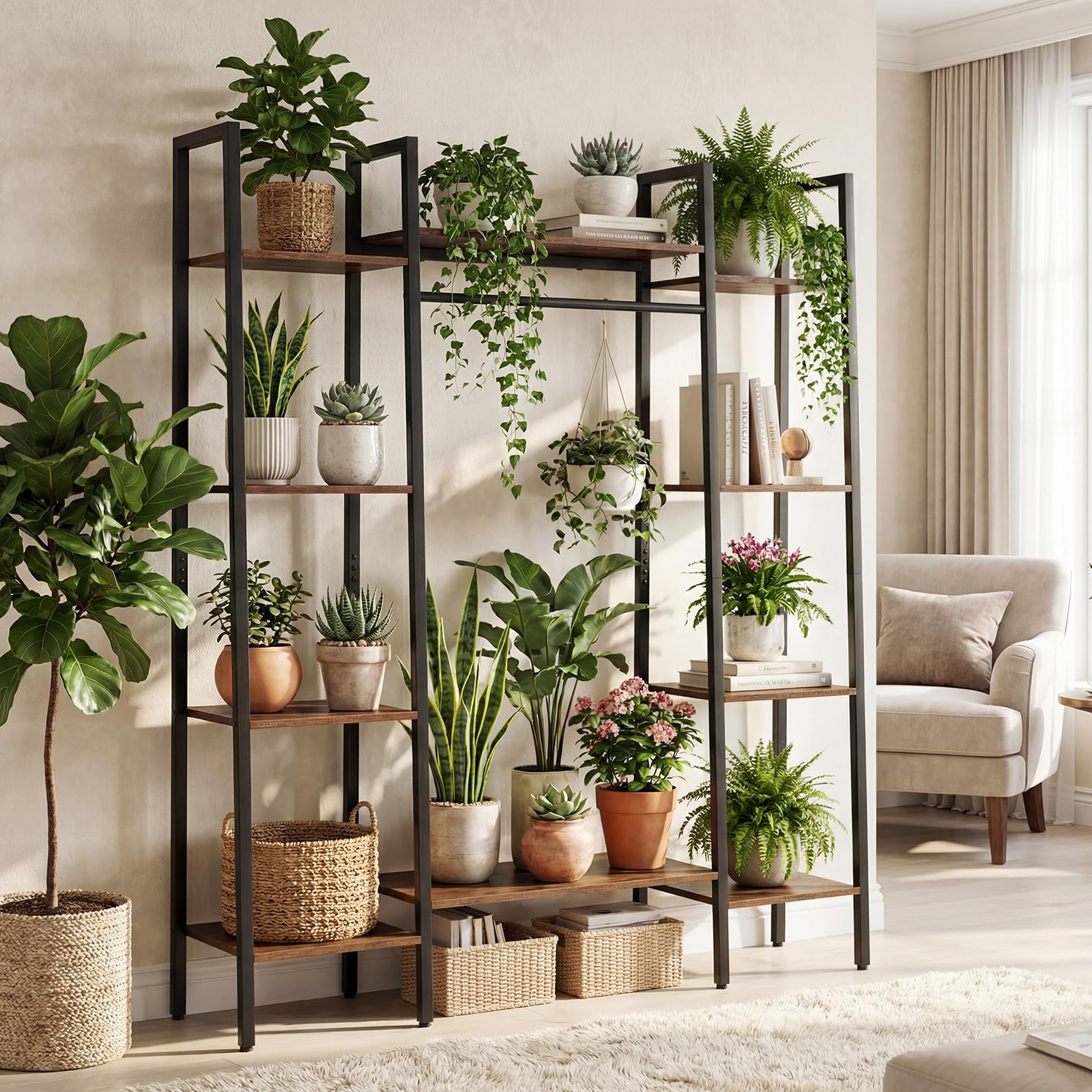 COSTWAY Scaffale Portapiante con Luci Regolabili, Scaffale Portavasi a 10 Ripiani con Telecomando e 4 Modalità d'Illuminazione, Portafiori da Interno ed Esterno in Legno e Metallo, Marrone