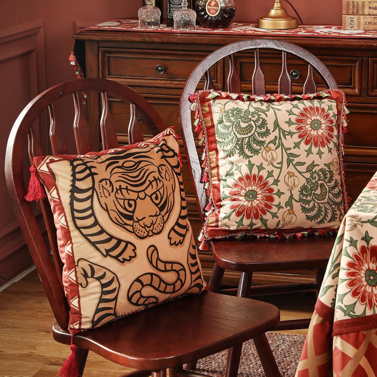 patdrea Designer Chinoiserie Throw Pillow Covers 18x18 Inch Pack of 2,Vintage Festive Red Velvet with Cartoon Tiger Pattern,Decorative Square Pillowcases Cushion for Bed Living Room Outdoor Car