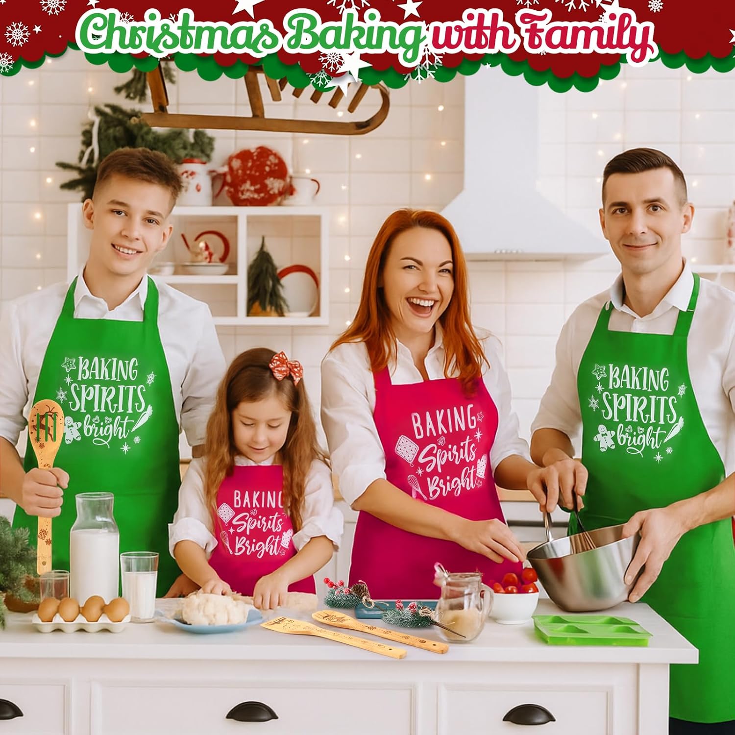 48 Pcs Christmas Kitchen Gift Sets Xmas Cooking Utensils Include Red Green Xmas Aprons Bamboo Cooking Spoon Spatulas with Artificial Picks Thank You Tags for Holiday Housewarming Gifts