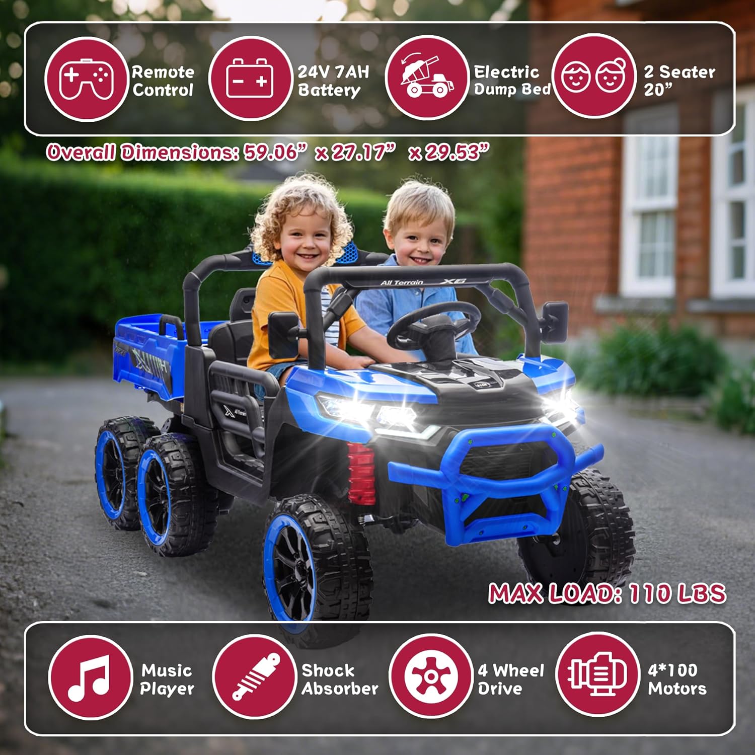 24V Ride On Toys for Big Kids, 4WD 6X6 2 Seater Ride On Dump Truck with Remote Control, 20inch Seat, 3 Speeds, High Efficiency Battery, 4X100 Motors, Music, Ride On Car for Boys Girls, Blue