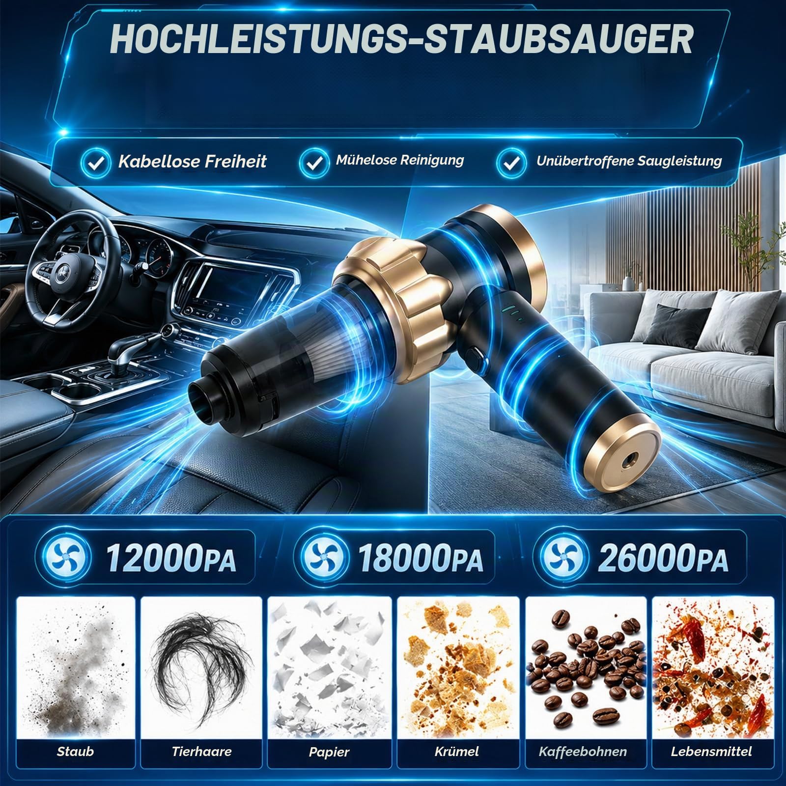 Handstaubsauger Akku Autostaubsauger Auto Stark, Mini Staubsauger Kabellos 26000Pa 4-in-1, Car Vacuum Cleaner Air Duster, Tragbar, Leicht und Wiederaufladbar für Auto, Zuhause und Haustiere