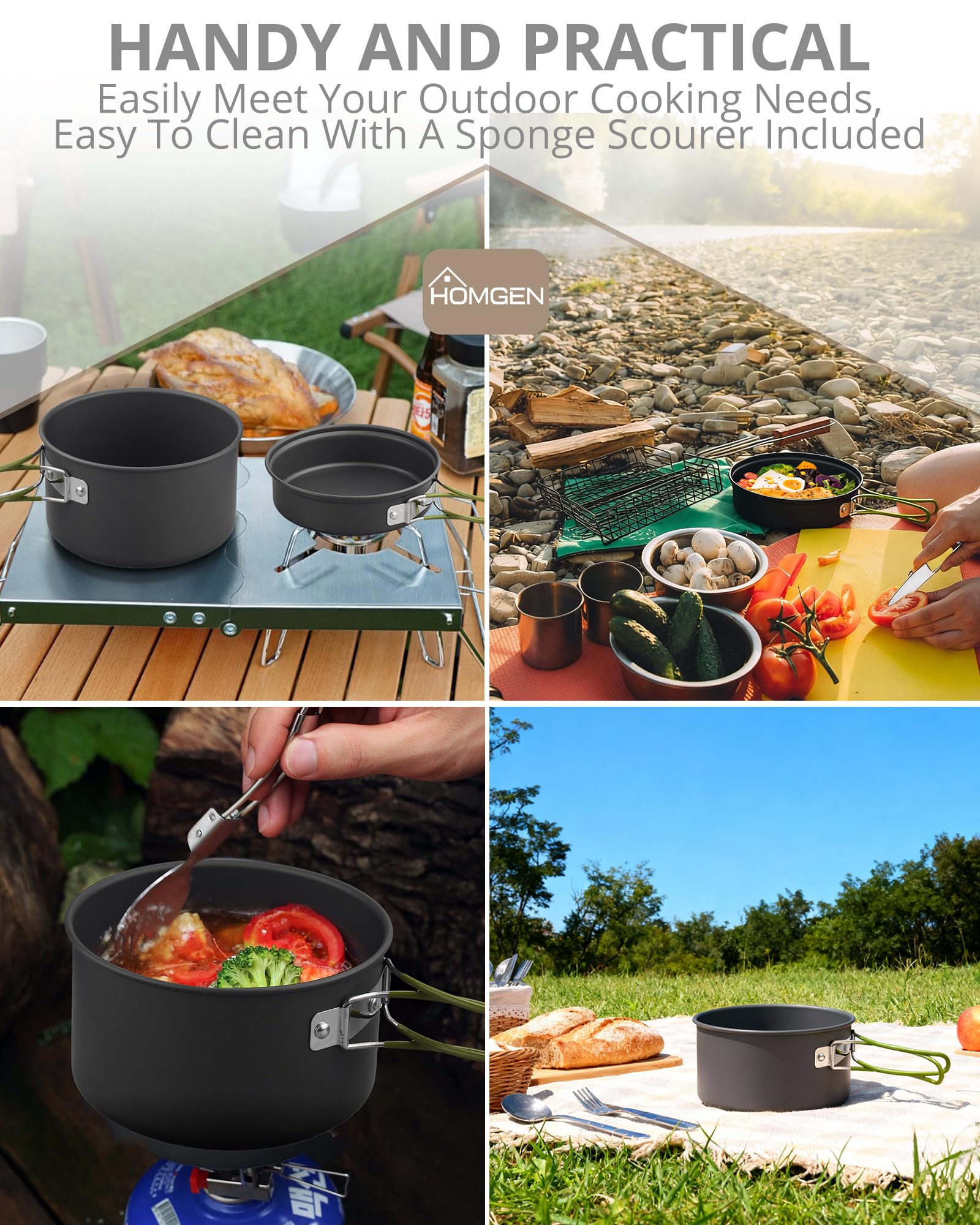 HOMGEN Set da cucina da campeggio Set di pentole e padelle da campeggio in alluminio Kit di pentole da campeggio portatile Kit di cottura leggero Attrezzatura da cucina da campeggio per 2-3 persone
