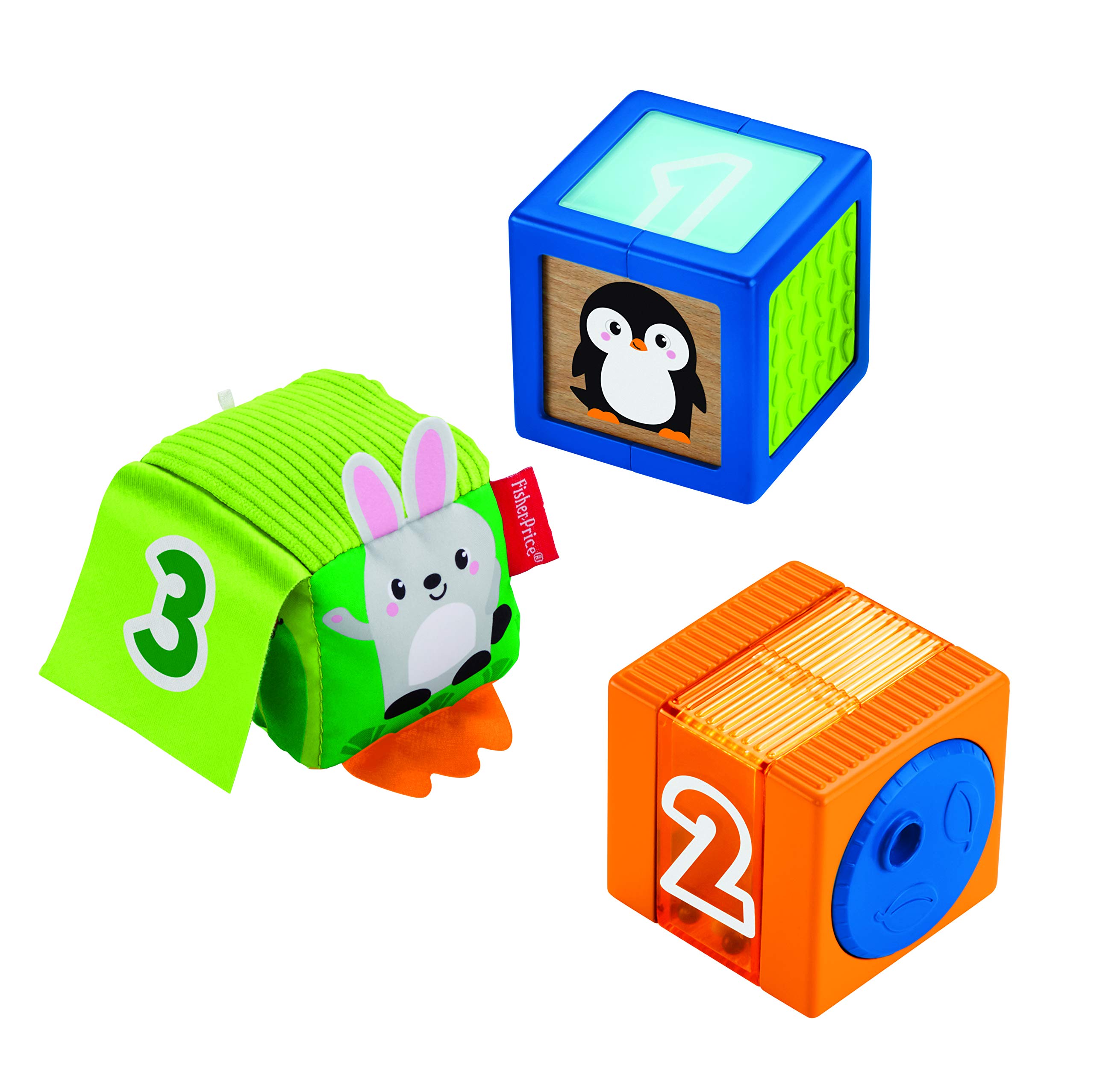 Fisher-Price Nouveaux Cubes d'éveil Surprises, Multiples activités et textures pour éveiller les sens de Bébé, dès 6 mois, GJW13