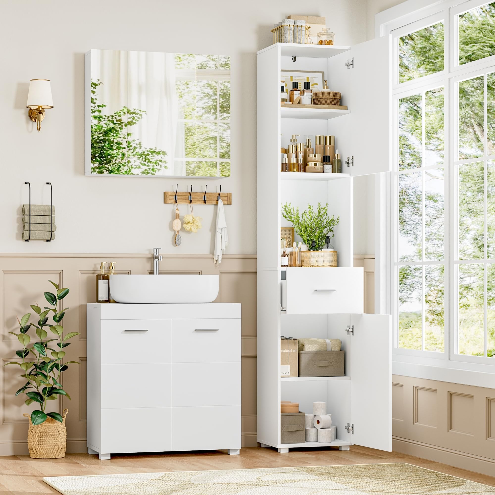 FOREHILL Meuble Colonne Salle de Bain 180cm Armoire de Salle de Bain Blanc | Meuble salle de bain étroit, 37x30x180cm, Armoire haute, colonne salle de bain avec 2 portes 1 tiroir, Gain de place, Moderne
