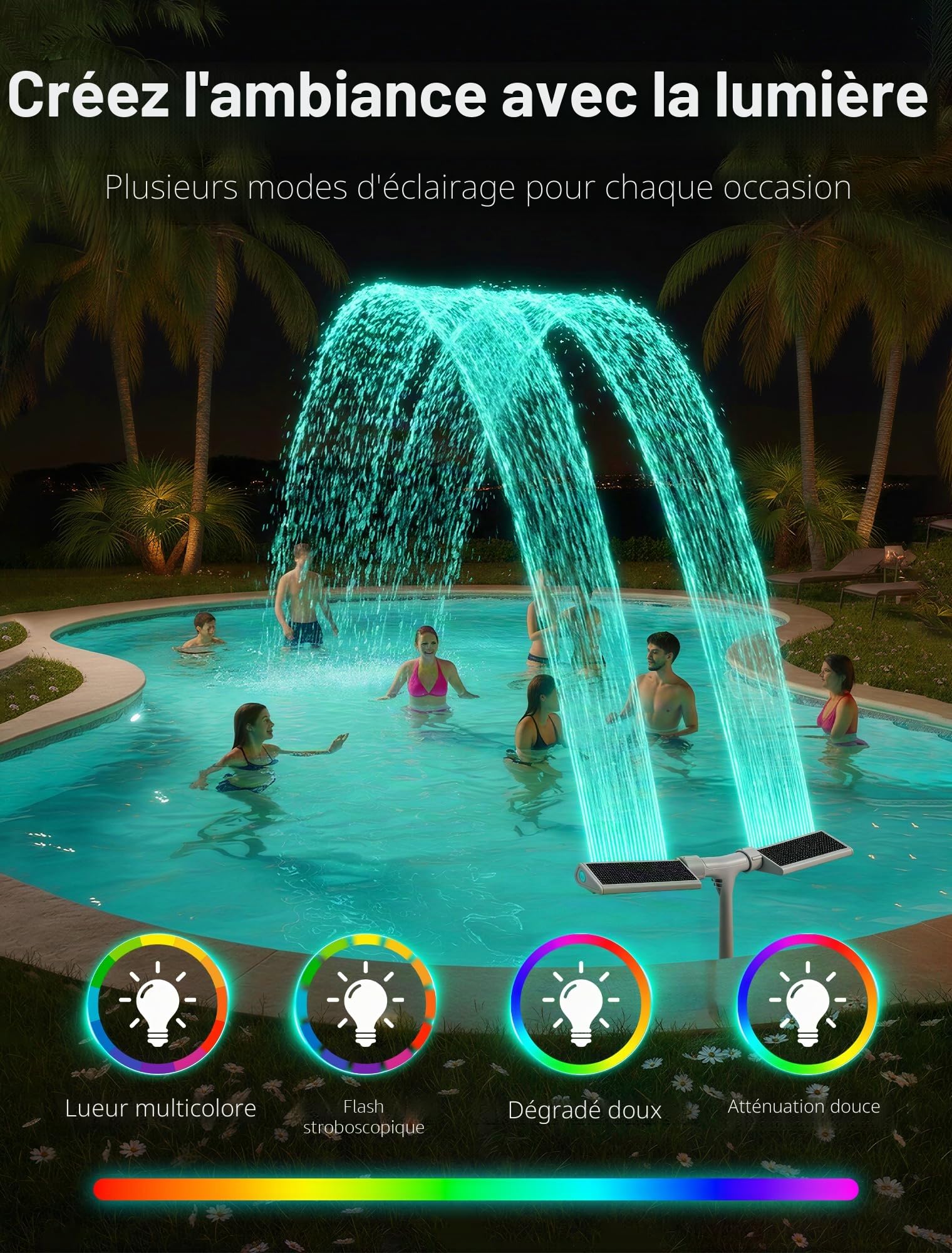 Fontaine solaire de piscine 2026 avec lumières 10 couleurs et 4 modes, arroseur cascade à double pulvérisation réglable à 360°, compatible avec les piscines au-dessus et creusées pour une relaxation